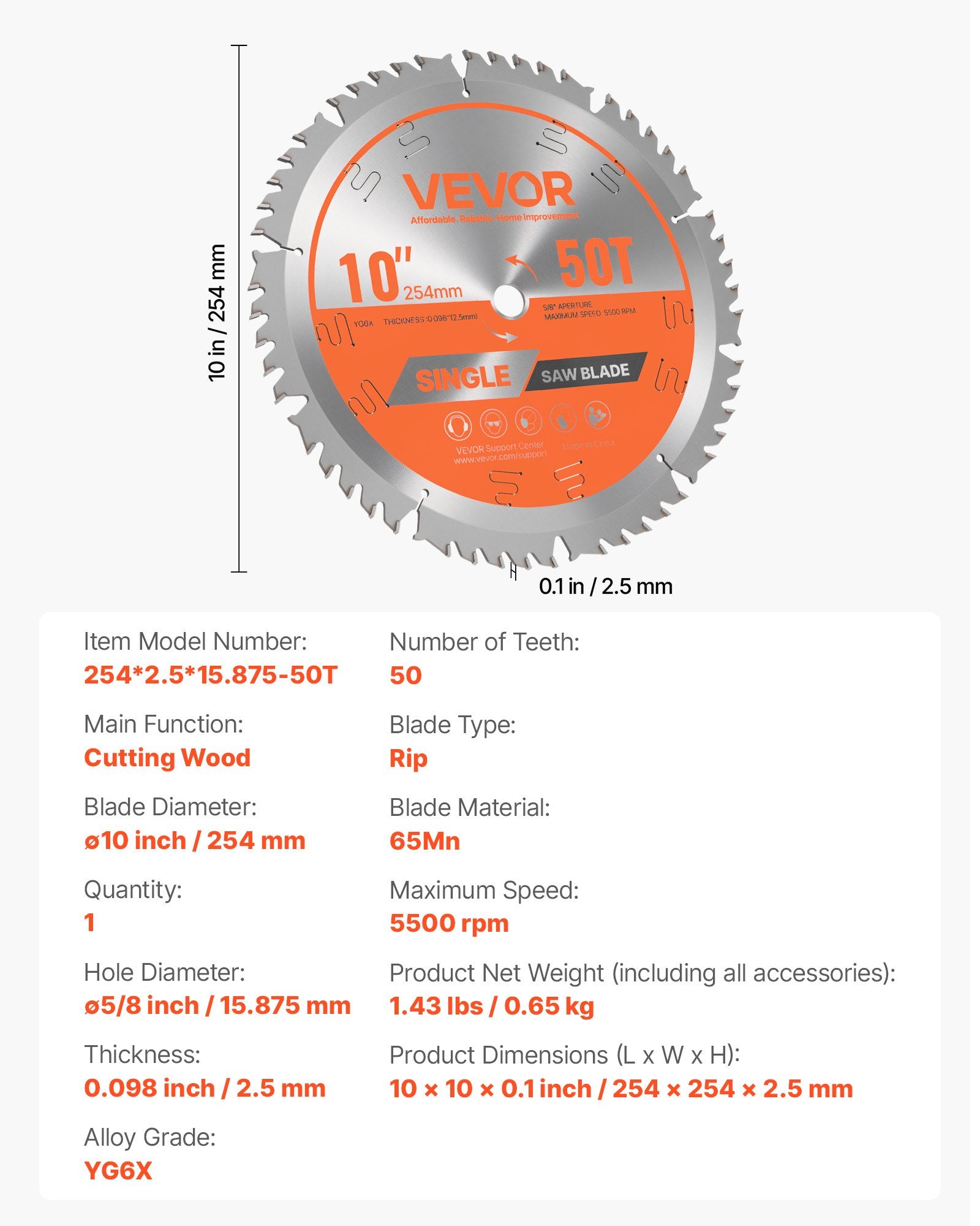 Bicycle Stands & Storage: VEVOR Circular Saw Blade, 254 mm Diameter, 50 Sharp Alloy Teeth, 15.875 mm Arbor, Fine Finish, Wood Cutting Blade for Circular Saw, with Noise-Reducing Heat Vents, for Cutting Plywood, OSB, Hardwood