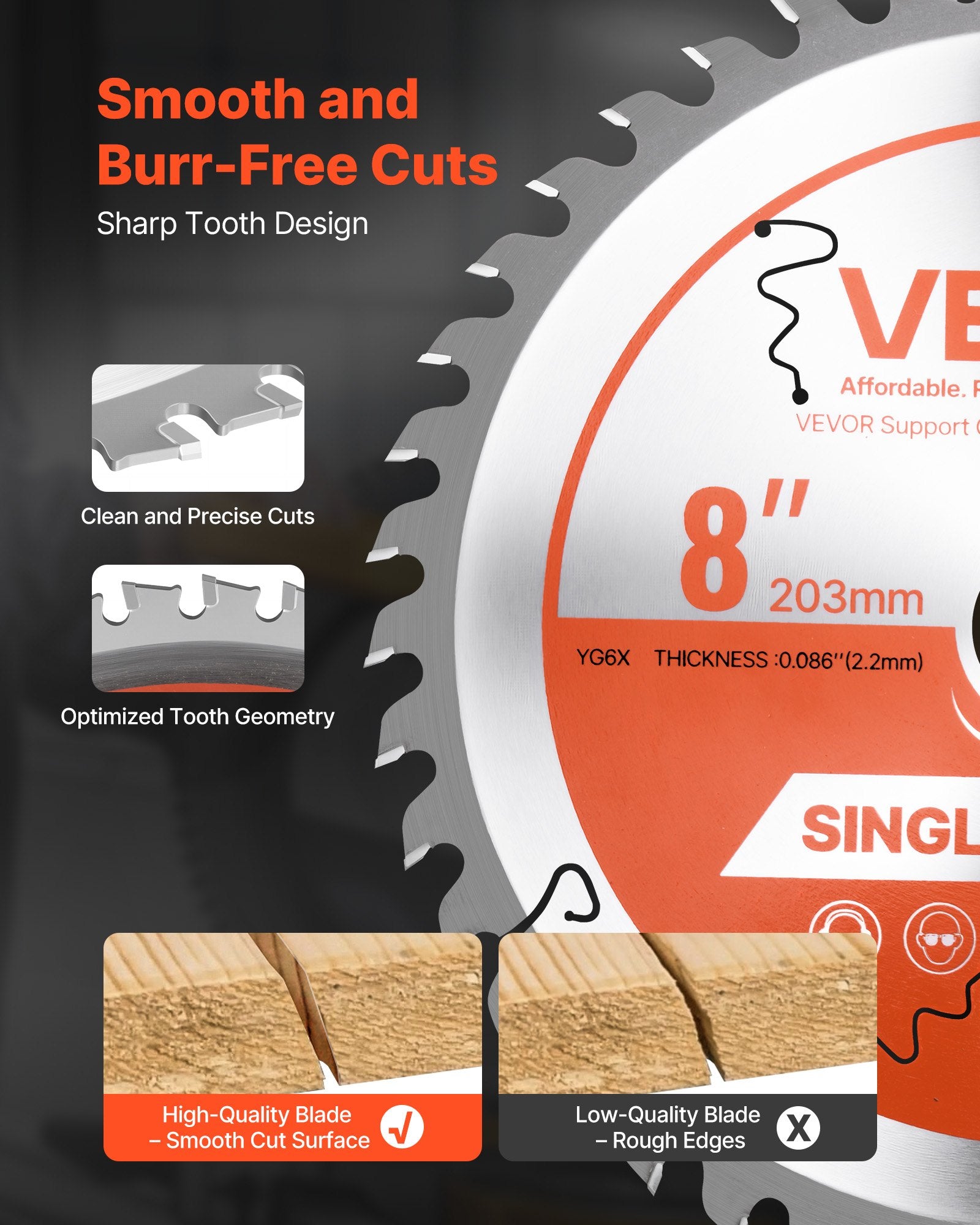 Saw Accessories: VEVOR Circular Saw Blade, 203 mm Diameter, 42 Sharp Alloy Teeth, 25.4mm Arbor, Fine Finish, Wood Cutting Blade for Circular Saw, with Noise-Reducing Heat Vents, for Cutting Plywood, OSB, and Hardwood