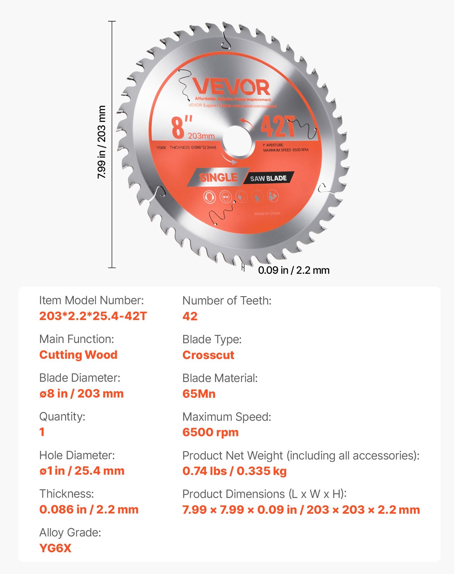 Saw Accessories: VEVOR Circular Saw Blade, 203 mm Diameter, 42 Sharp Alloy Teeth, 25.4mm Arbor, Fine Finish, Wood Cutting Blade for Circular Saw, with Noise-Reducing Heat Vents, for Cutting Plywood, OSB, and Hardwood
