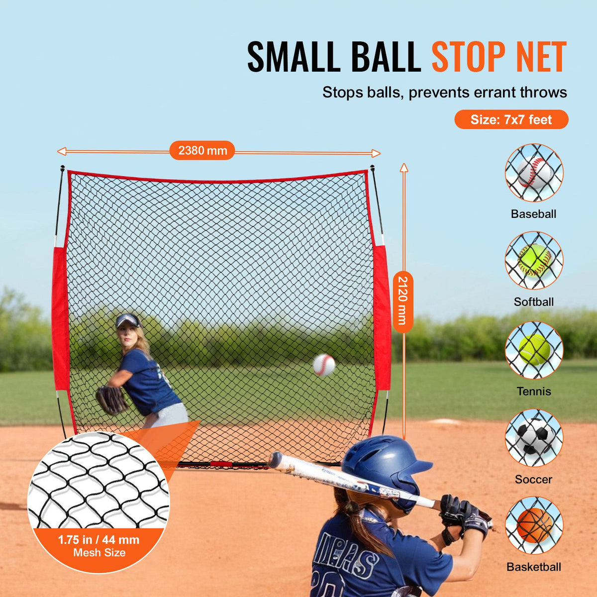 Barricade Backstop Net, 7x7 ft Ball Sports Barrier Netting, Portable Practice Equipment with Carry Bag, Protection Screen for Baseball Softball Lacrosse Soccer Hockey Training, for Backyard