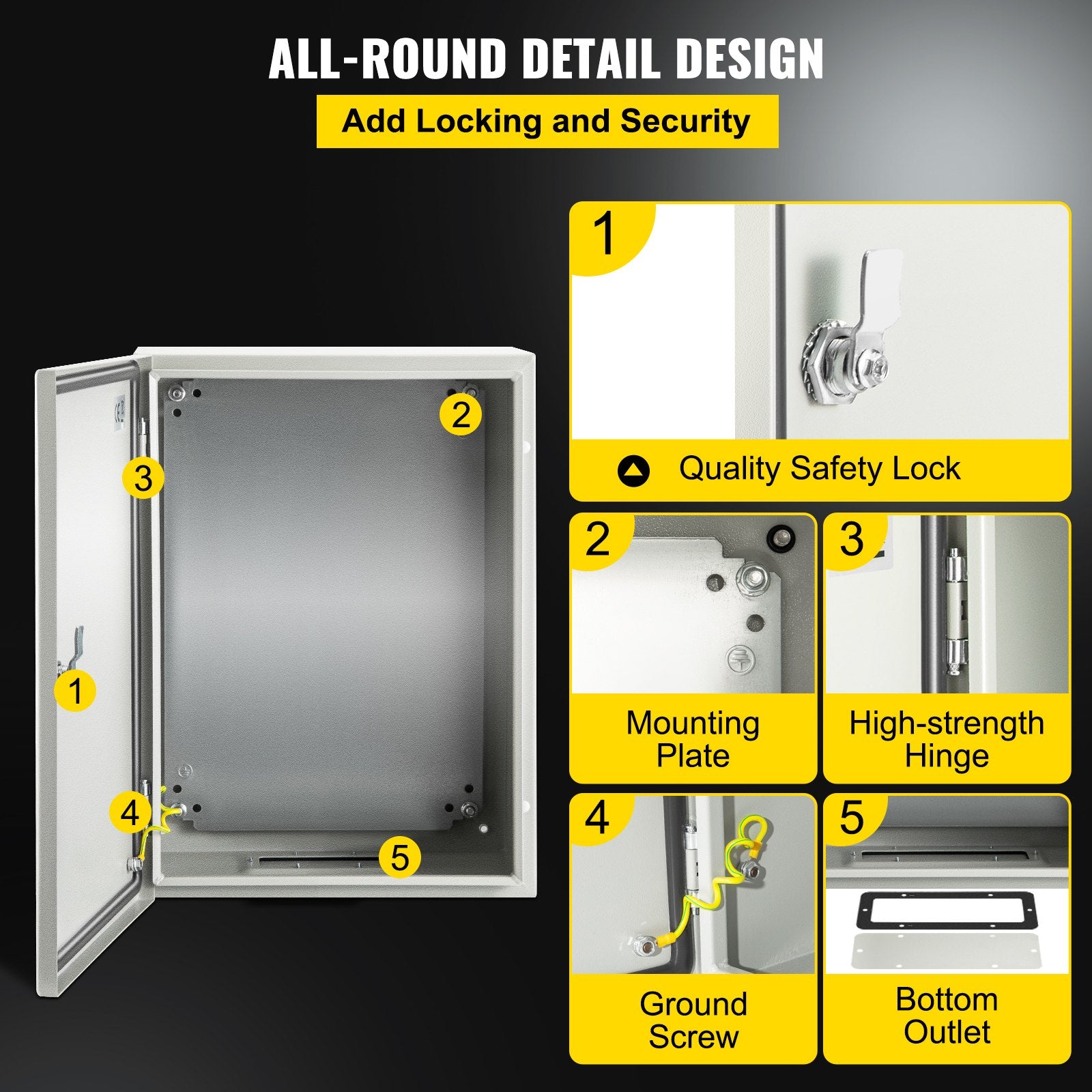 Steel Electrical Box 16'' x 12'' x 8'' Electrical Enclosure Box, Carbon Steel Hinged Junction Box, IP65 Weatherproof Metal Box Wall-Mounted Electronic Equipment Enclosure Box with Mounting Plate