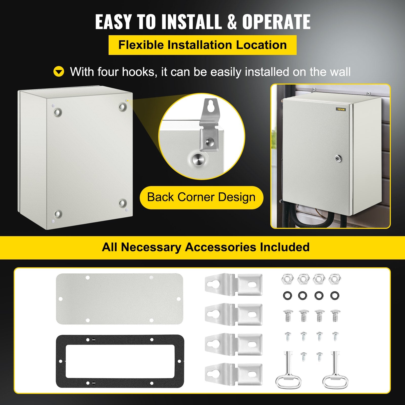 Steel Electrical Box 16'' x 12'' x 8'' Electrical Enclosure Box, Carbon Steel Hinged Junction Box, IP65 Weatherproof Metal Box Wall-Mounted Electronic Equipment Enclosure Box with Mounting Plate