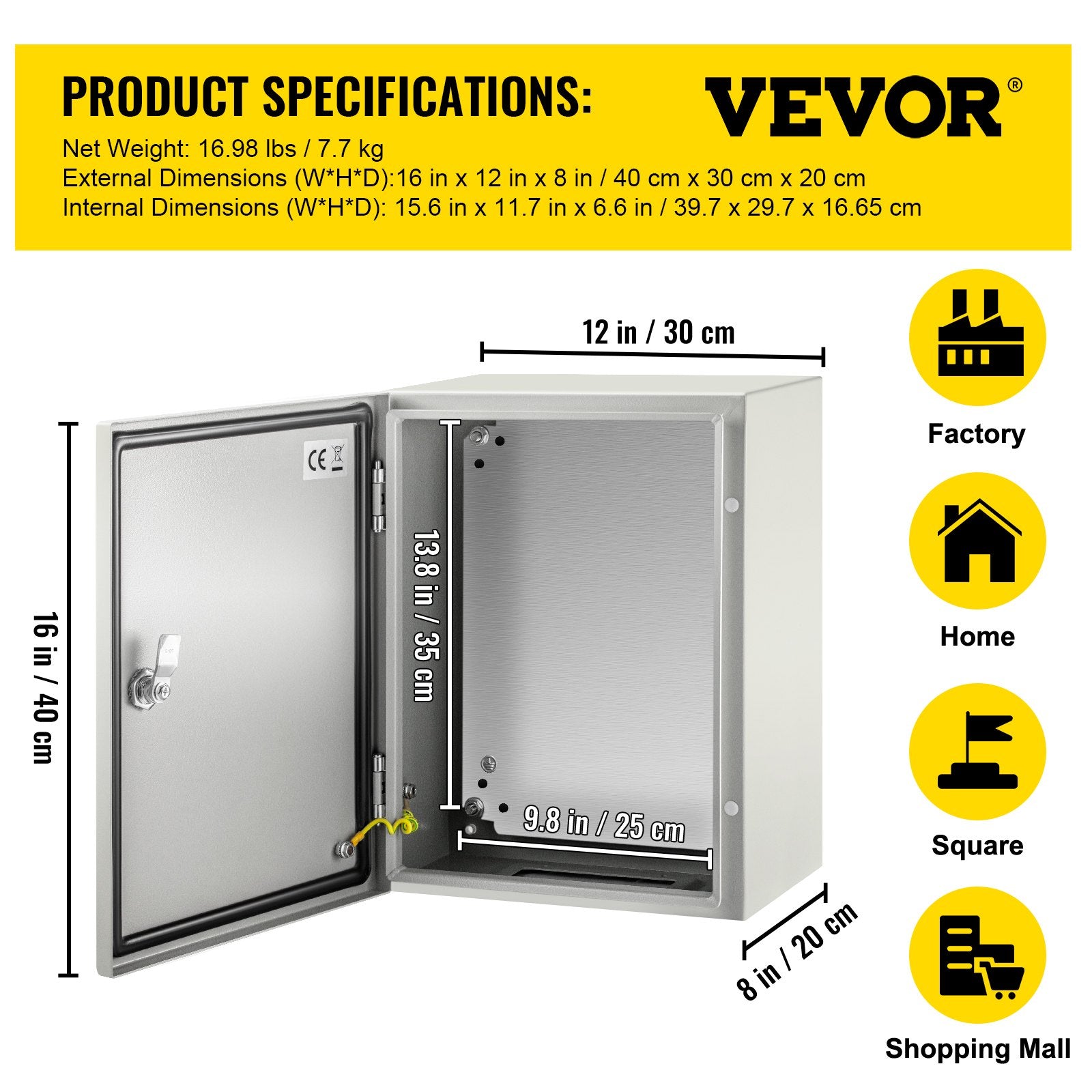 Steel Electrical Box 16'' x 12'' x 8'' Electrical Enclosure Box, Carbon Steel Hinged Junction Box, IP65 Weatherproof Metal Box Wall-Mounted Electronic Equipment Enclosure Box with Mounting Plate