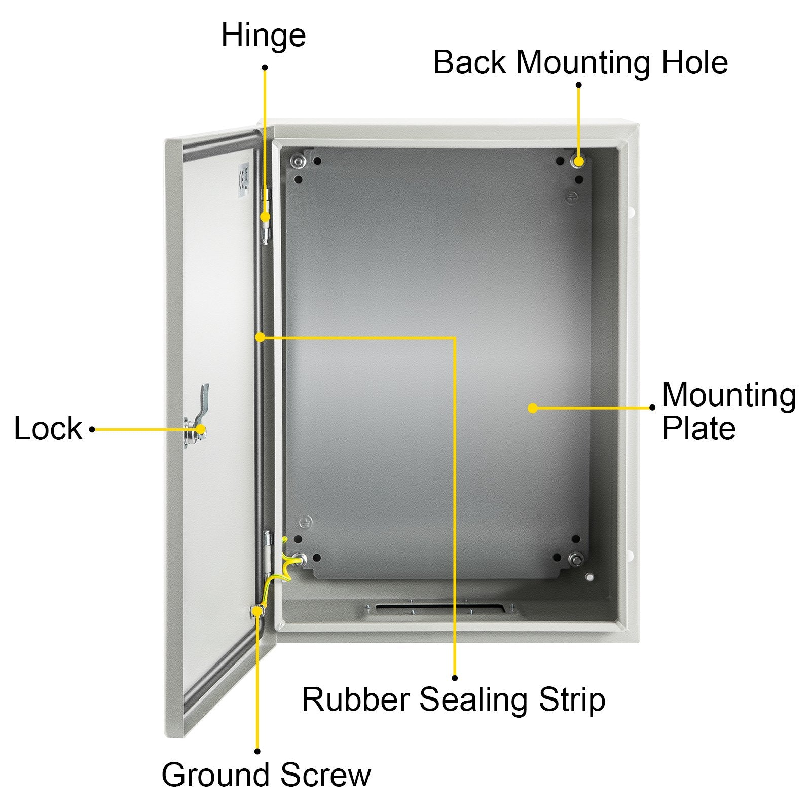 Steel Electrical Box 16'' x 12'' x 8'' Electrical Enclosure Box, Carbon Steel Hinged Junction Box, IP65 Weatherproof Metal Box Wall-Mounted Electronic Equipment Enclosure Box with Mounting Plate