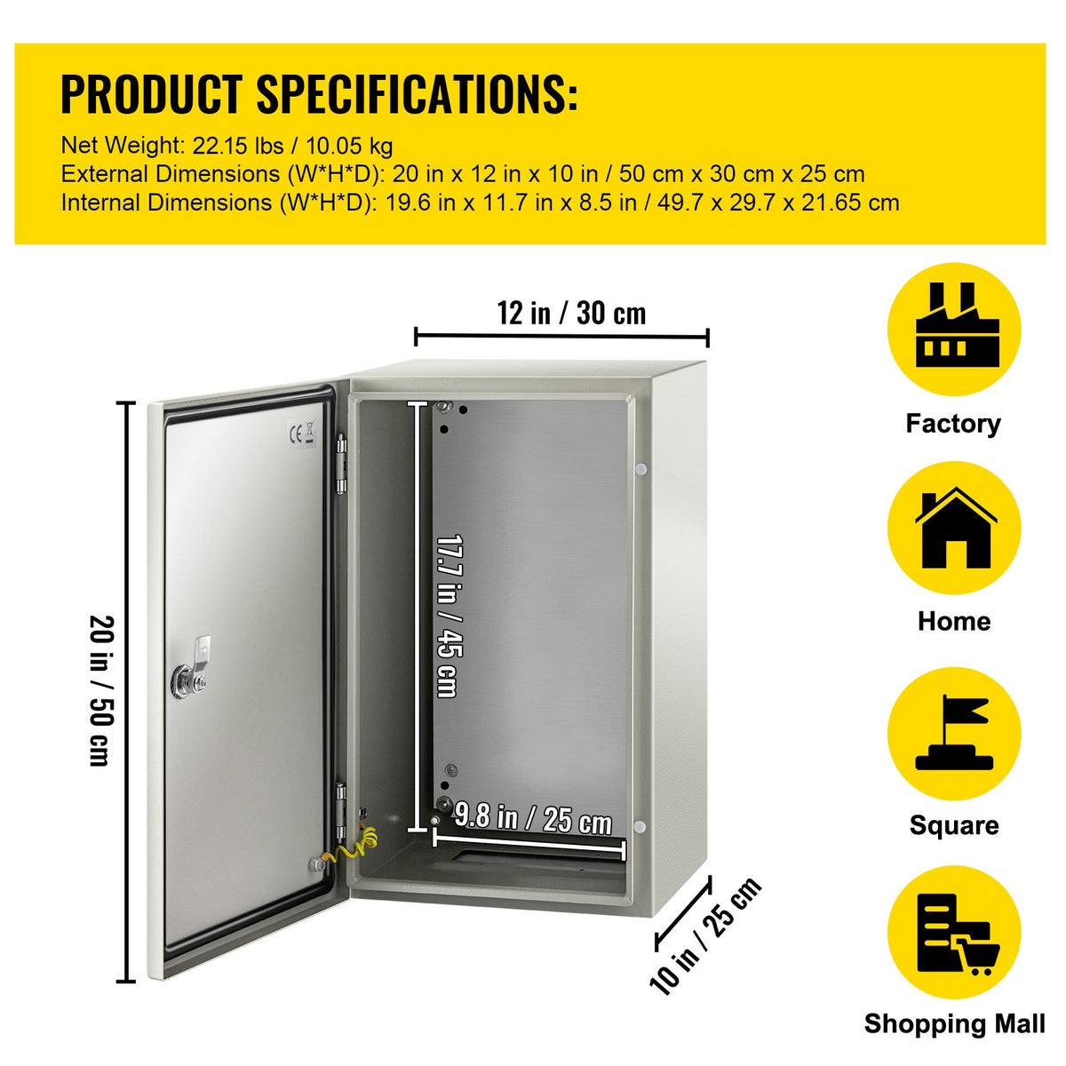 NEMA Steel Enclosure, 20 x 12 x 10\'\' NEMA 4X Steel Electrical Box, IP66 Waterproof & Dustproof, Outdoor/Indoor Electrical Junction Box, with Mounting Plate