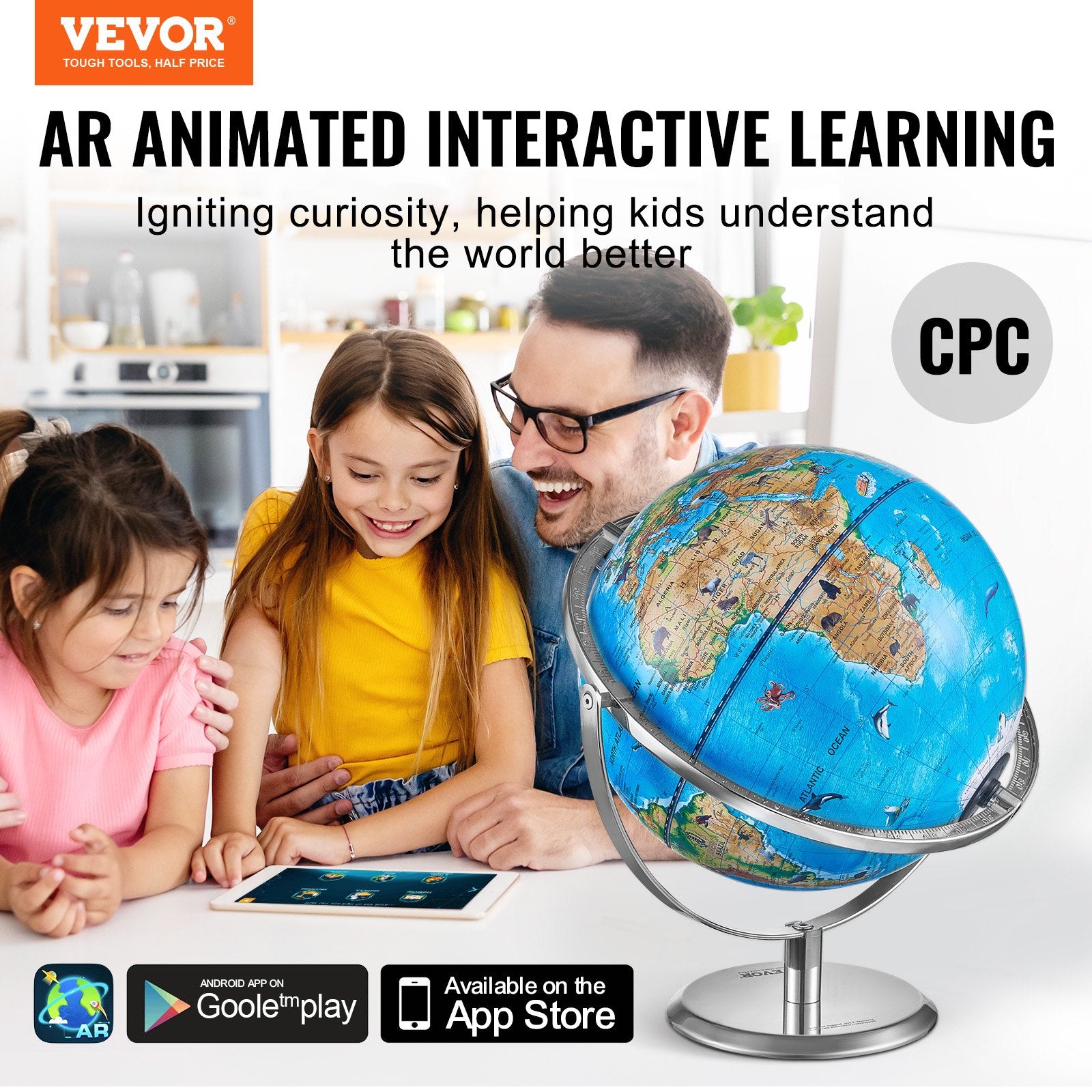 Outdoor Play Equipment: VEVOR Educational Globe for Kids, 254 mm, Interactive AR World Globe with AR Golden Globe APP LED Night Lighting Rotation, STEM Toy Gifts for Kids Compatible with Android or iOS Devices