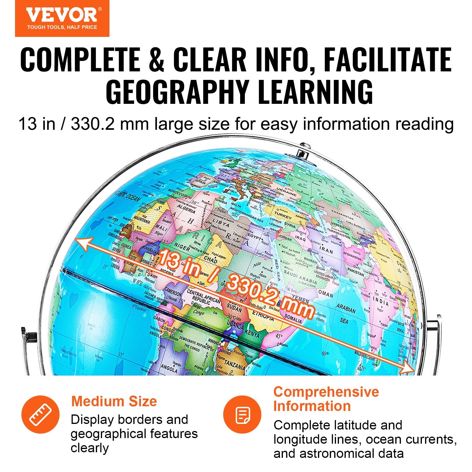 Gardening Tools: VEVOR Rotating World Globe with Stand, 330.2 mm, Educational Geographic Globe with Precise Time Zone ABS Material, Spinning Globe for Kids Children Learning Classroom Geography Education