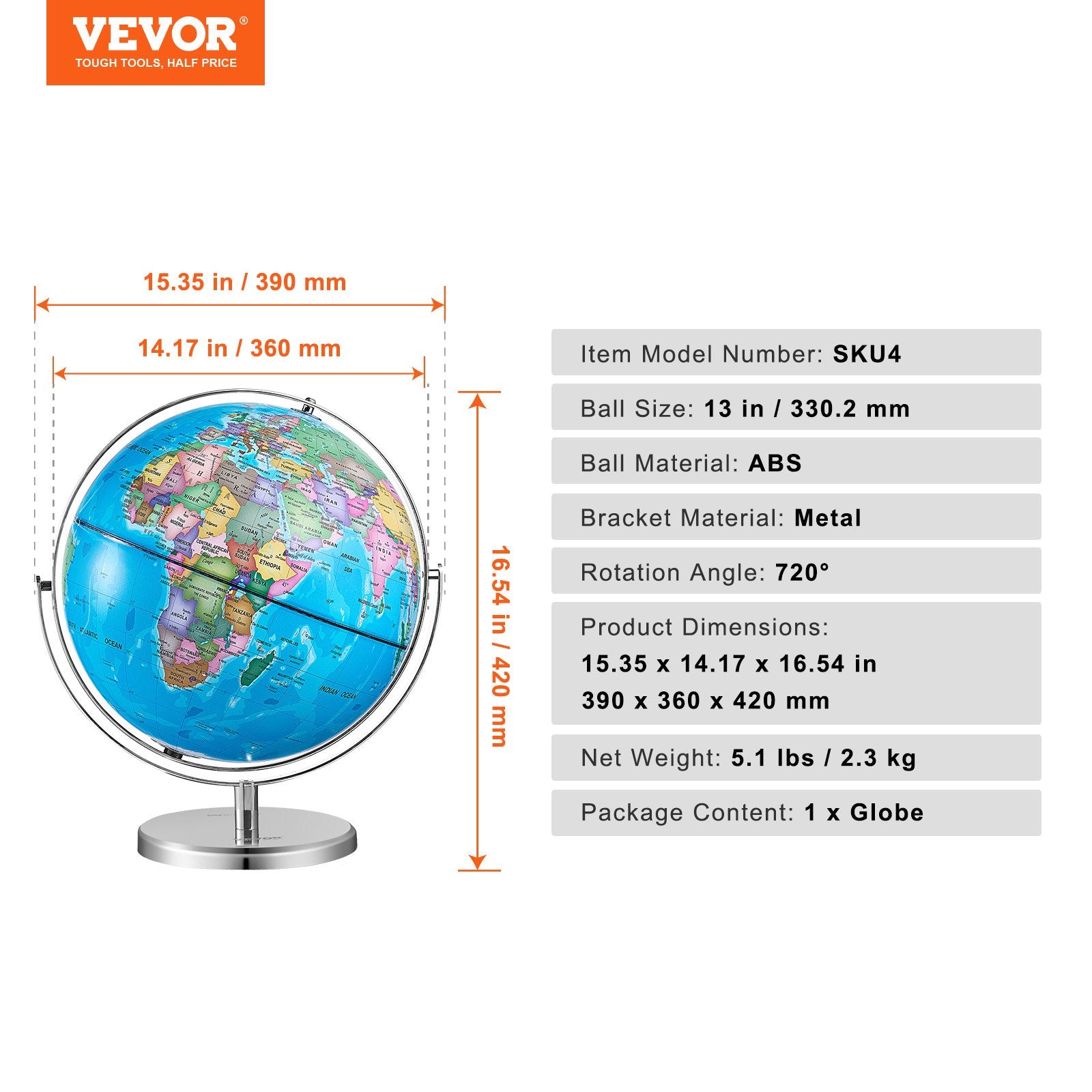 Gardening Tools: VEVOR Rotating World Globe with Stand, 330.2 mm, Educational Geographic Globe with Precise Time Zone ABS Material, Spinning Globe for Kids Children Learning Classroom Geography Education