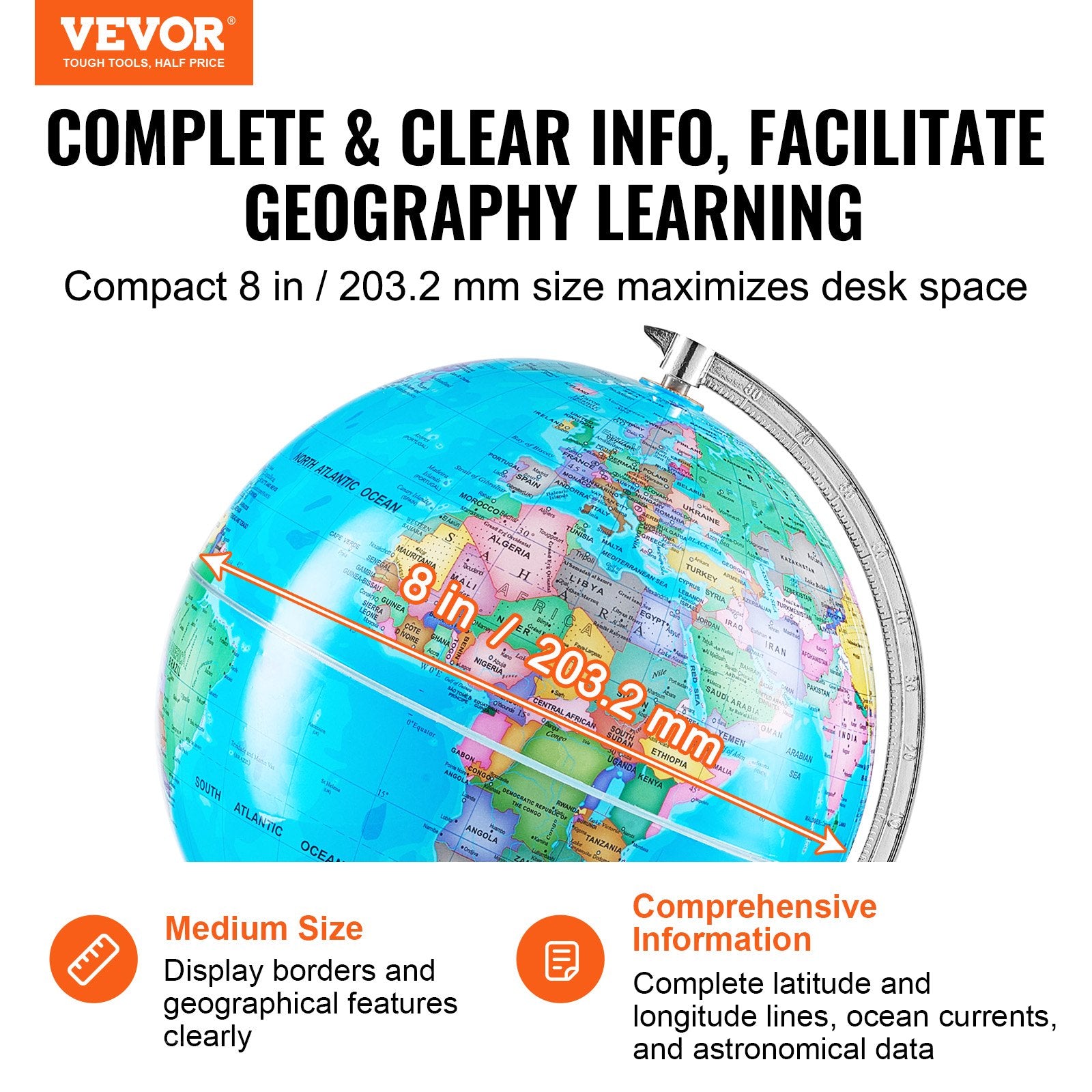 Gardening Tools: VEVOR Rotating World Globe with Stand, 203.2 mm, Educational Geographic Globe with Precise Time Zone ABS Material, 360° Spinning Globe for Kids Children Learning Classroom Geography Education
