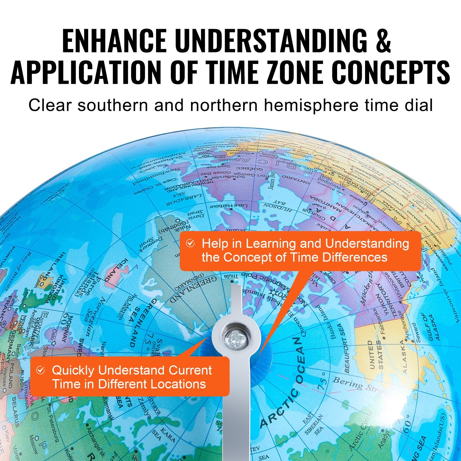 Gardening Tools: VEVOR Rotating World Globe with Stand, 203.2 mm, Educational Geographic Globe with Precise Time Zone ABS Material, 360° Spinning Globe for Kids Children Learning Classroom Geography Education