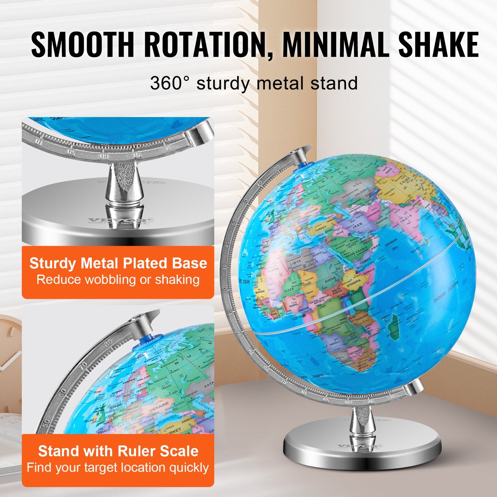 Gardening Tools: VEVOR Rotating World Globe with Stand, 203.2 mm, Educational Geographic Globe with Precise Time Zone ABS Material, 360° Spinning Globe for Kids Children Learning Classroom Geography Education