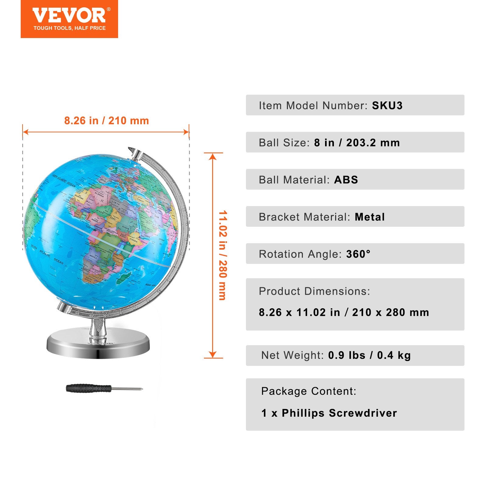 Gardening Tools: VEVOR Rotating World Globe with Stand, 203.2 mm, Educational Geographic Globe with Precise Time Zone ABS Material, 360° Spinning Globe for Kids Children Learning Classroom Geography Education