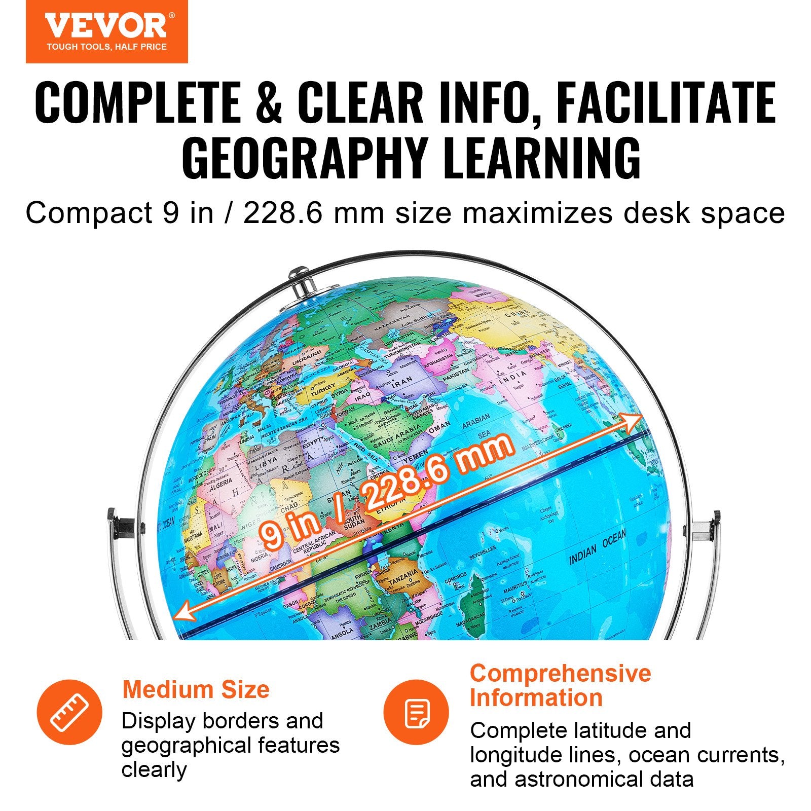 Gardening Tools: VEVOR Illuminated World Globe with Stand, 228.6 mm, Educational Earth Globe with Stable Heavy Metal Base and LED Constellation Night Light HD Printed Map, Spinning for Kids Classroom Learning