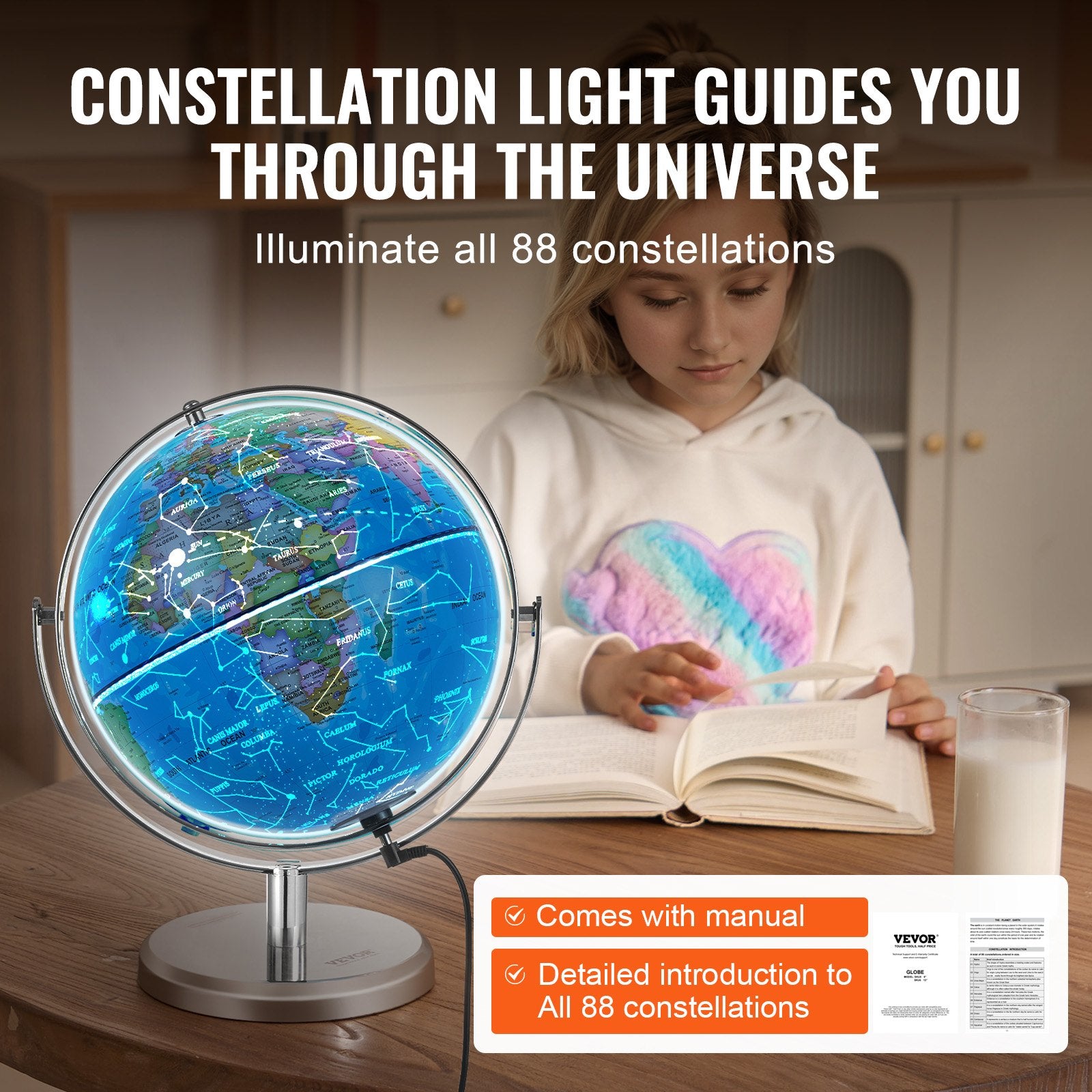Gardening Tools: VEVOR Illuminated World Globe with Stand, 228.6 mm, Educational Earth Globe with Stable Heavy Metal Base and LED Constellation Night Light HD Printed Map, Spinning for Kids Classroom Learning