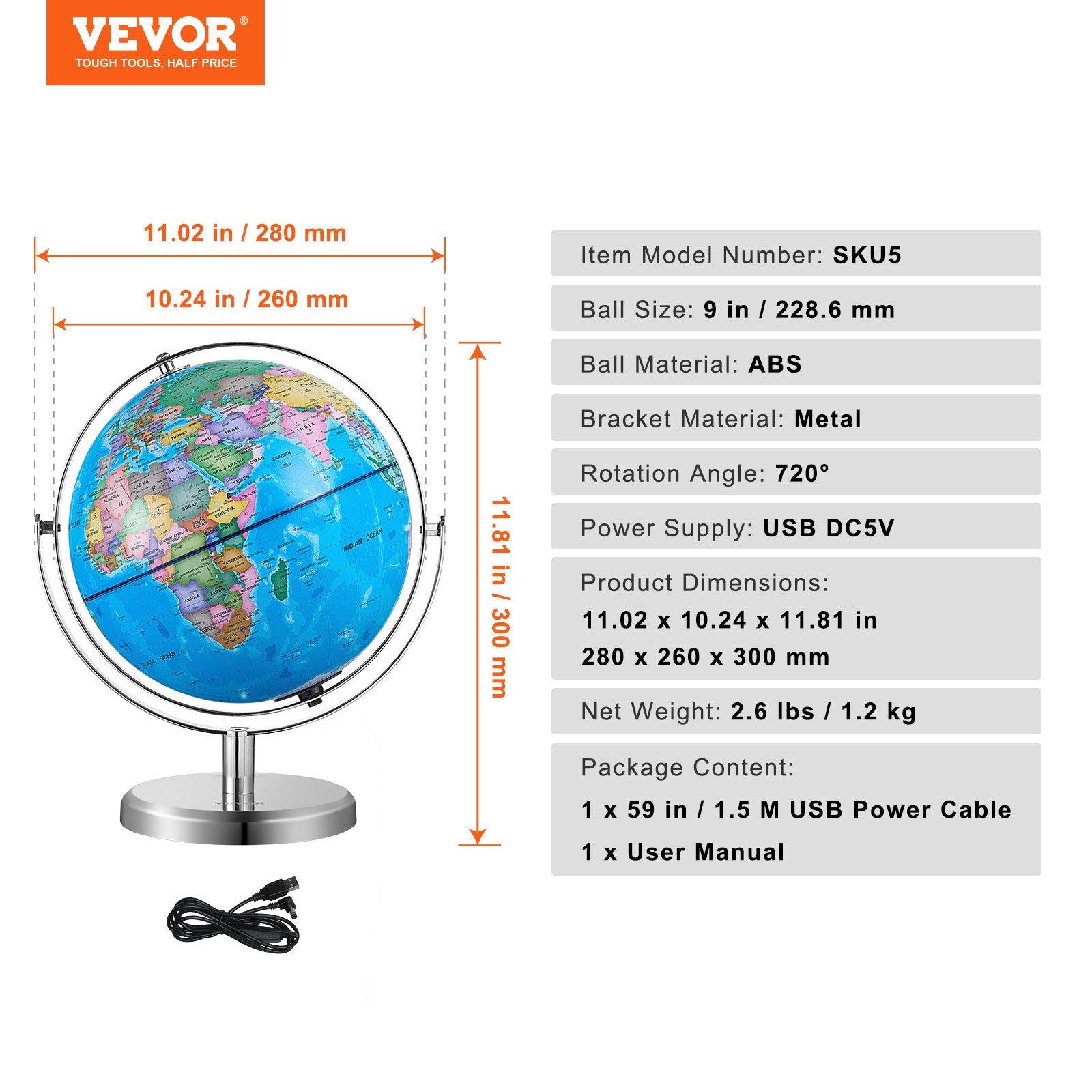 Gardening Tools: VEVOR Illuminated World Globe with Stand, 228.6 mm, Educational Earth Globe with Stable Heavy Metal Base and LED Constellation Night Light HD Printed Map, Spinning for Kids Classroom Learning