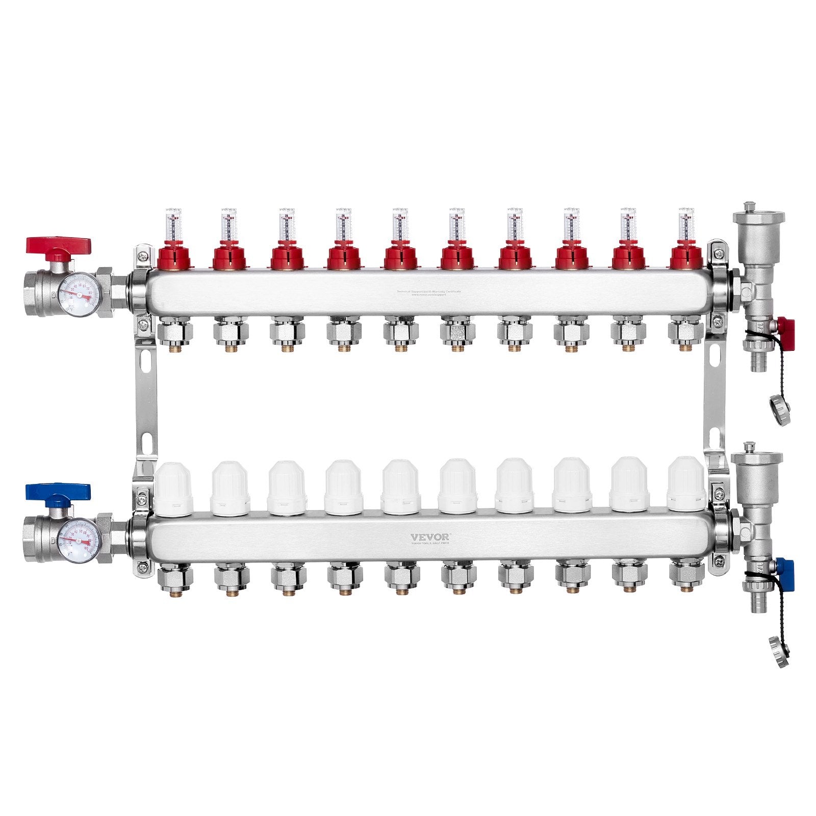 10-Branch Radiant Heat Manifold, 1/2" PEX Tubing Manifold, Stainless Steel PEX Manifold for Hydronic Radiant Floor Heating, Radiant Heat PEX Manifold Kit with 1/2" Adapters Included