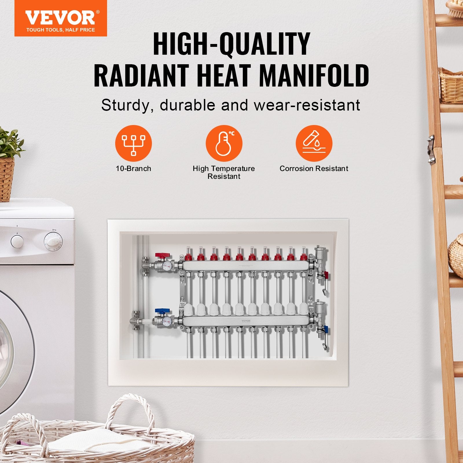 10-Branch Radiant Heat Manifold, 1/2" PEX Tubing Manifold, Stainless Steel PEX Manifold for Hydronic Radiant Floor Heating, Radiant Heat PEX Manifold Kit with 1/2" Adapters Included