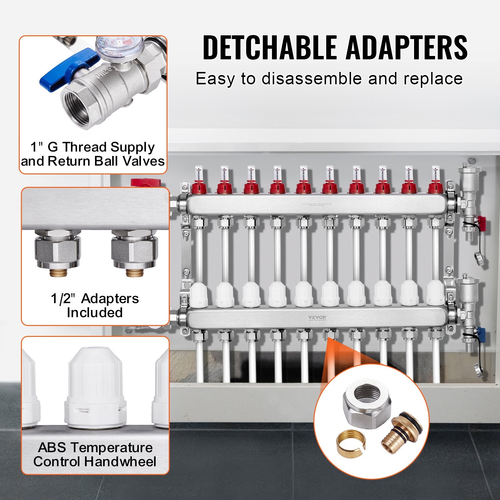 10-Branch Radiant Heat Manifold, 1/2" PEX Tubing Manifold, Stainless Steel PEX Manifold for Hydronic Radiant Floor Heating, Radiant Heat PEX Manifold Kit with 1/2" Adapters Included