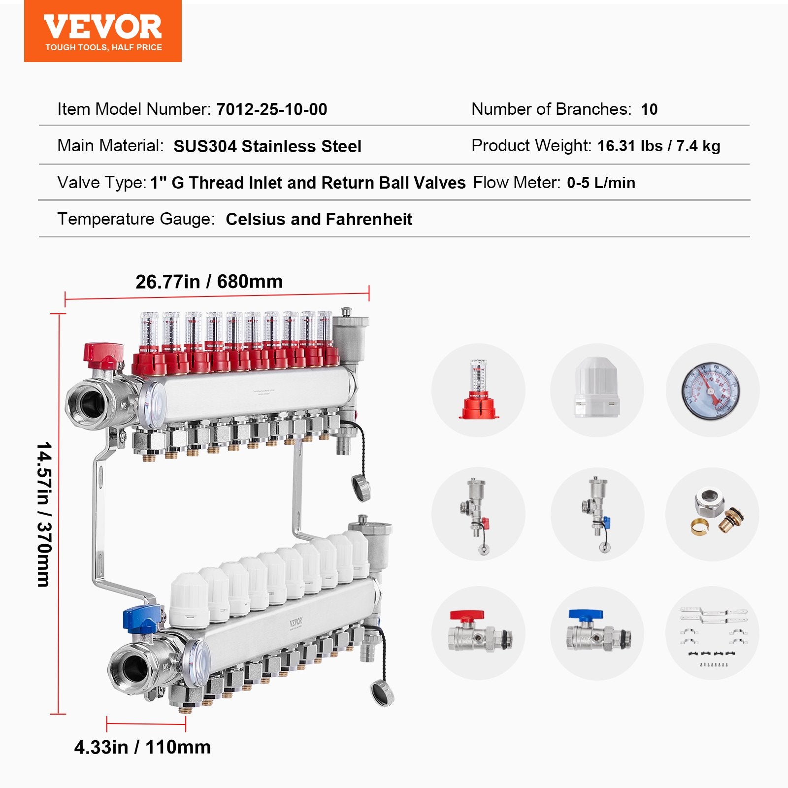 10-Branch Radiant Heat Manifold, 1/2" PEX Tubing Manifold, Stainless Steel PEX Manifold for Hydronic Radiant Floor Heating, Radiant Heat PEX Manifold Kit with 1/2" Adapters Included