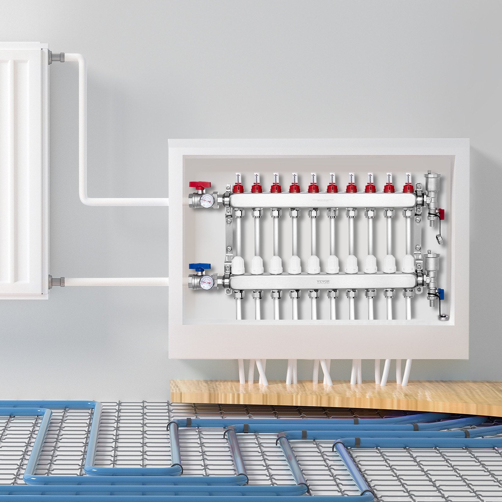 10-Branch Radiant Heat Manifold, 1/2" PEX Tubing Manifold, Stainless Steel PEX Manifold for Hydronic Radiant Floor Heating, Radiant Heat PEX Manifold Kit with 1/2" Adapters Included