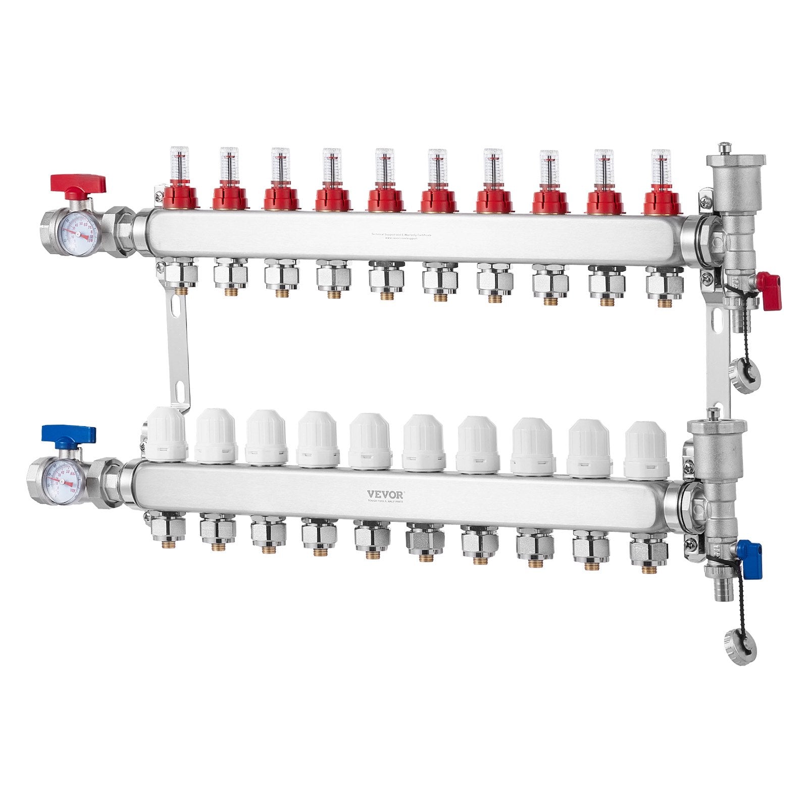 10-Branch Radiant Heat Manifold, 1/2" PEX Tubing Manifold, Stainless Steel PEX Manifold for Hydronic Radiant Floor Heating, Radiant Heat PEX Manifold Kit with 1/2" Adapters Included