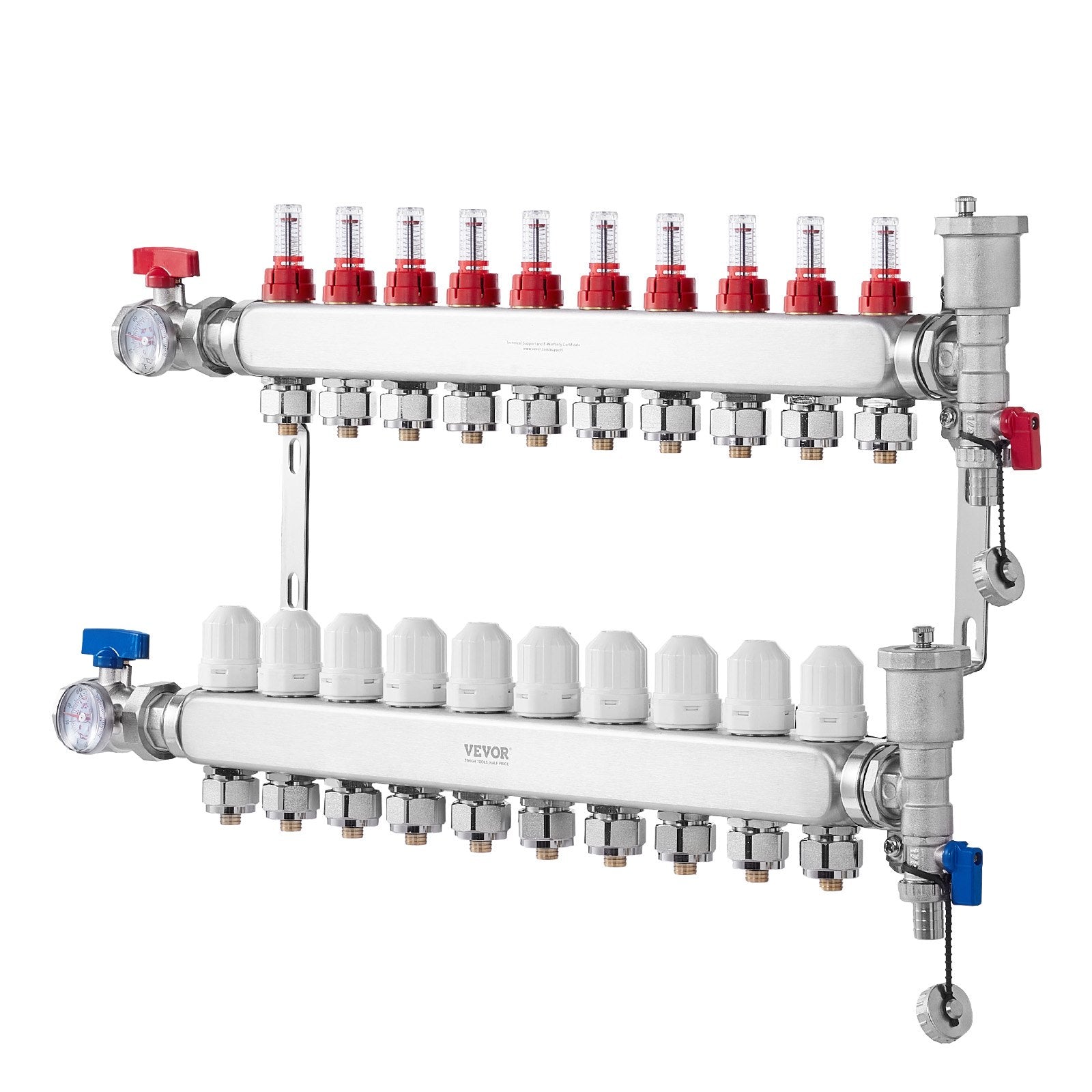 10-Branch Radiant Heat Manifold, 1/2" PEX Tubing Manifold, Stainless Steel PEX Manifold for Hydronic Radiant Floor Heating, Radiant Heat PEX Manifold Kit with 1/2" Adapters Included