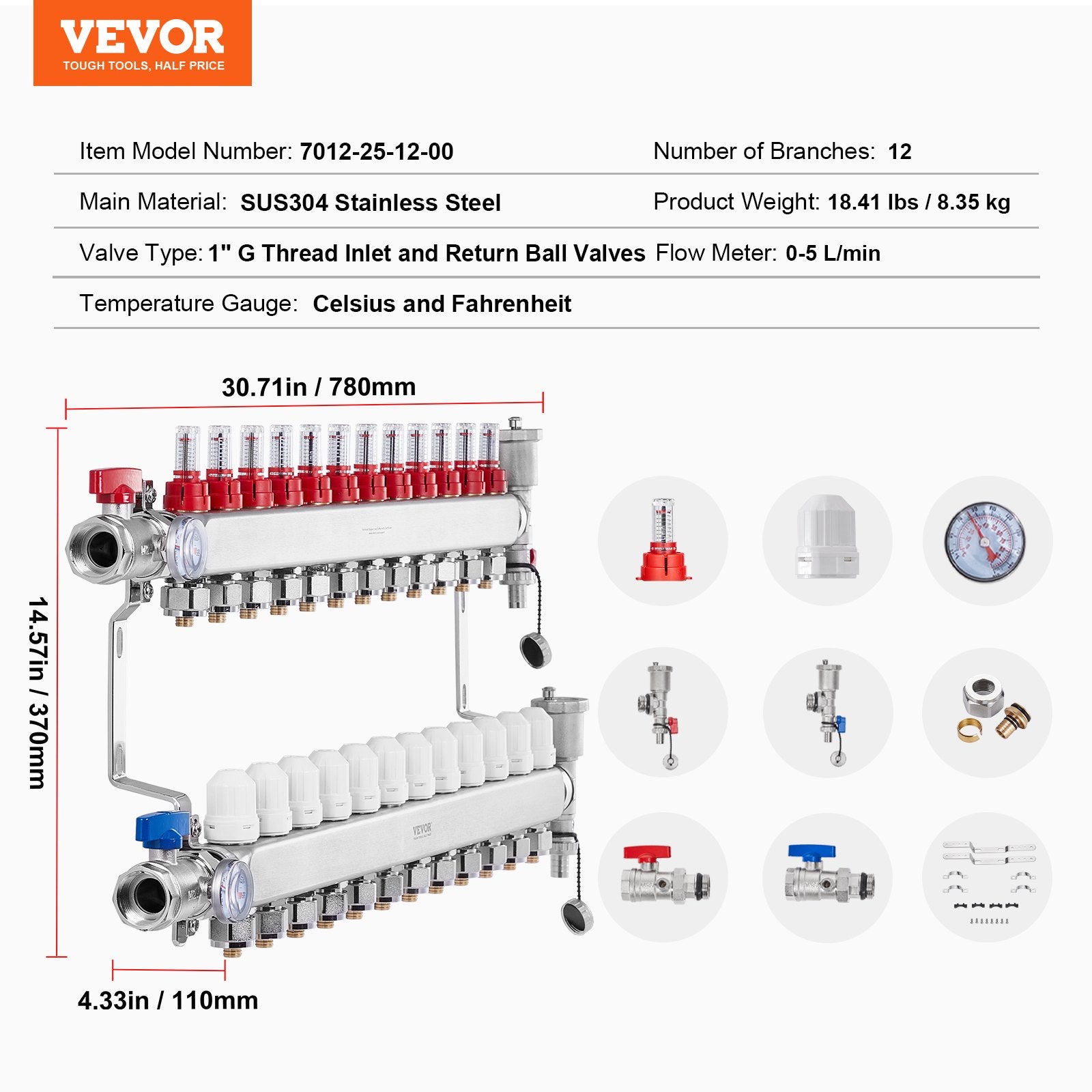 12-Branch Radiant Heat Manifold, 1/2" PEX Tubing Manifold, Stainless Steel PEX Manifold for Hydronic Radiant Floor Heating, Radiant Heat PEX Manifold Kit with 1/2" Adapters Included