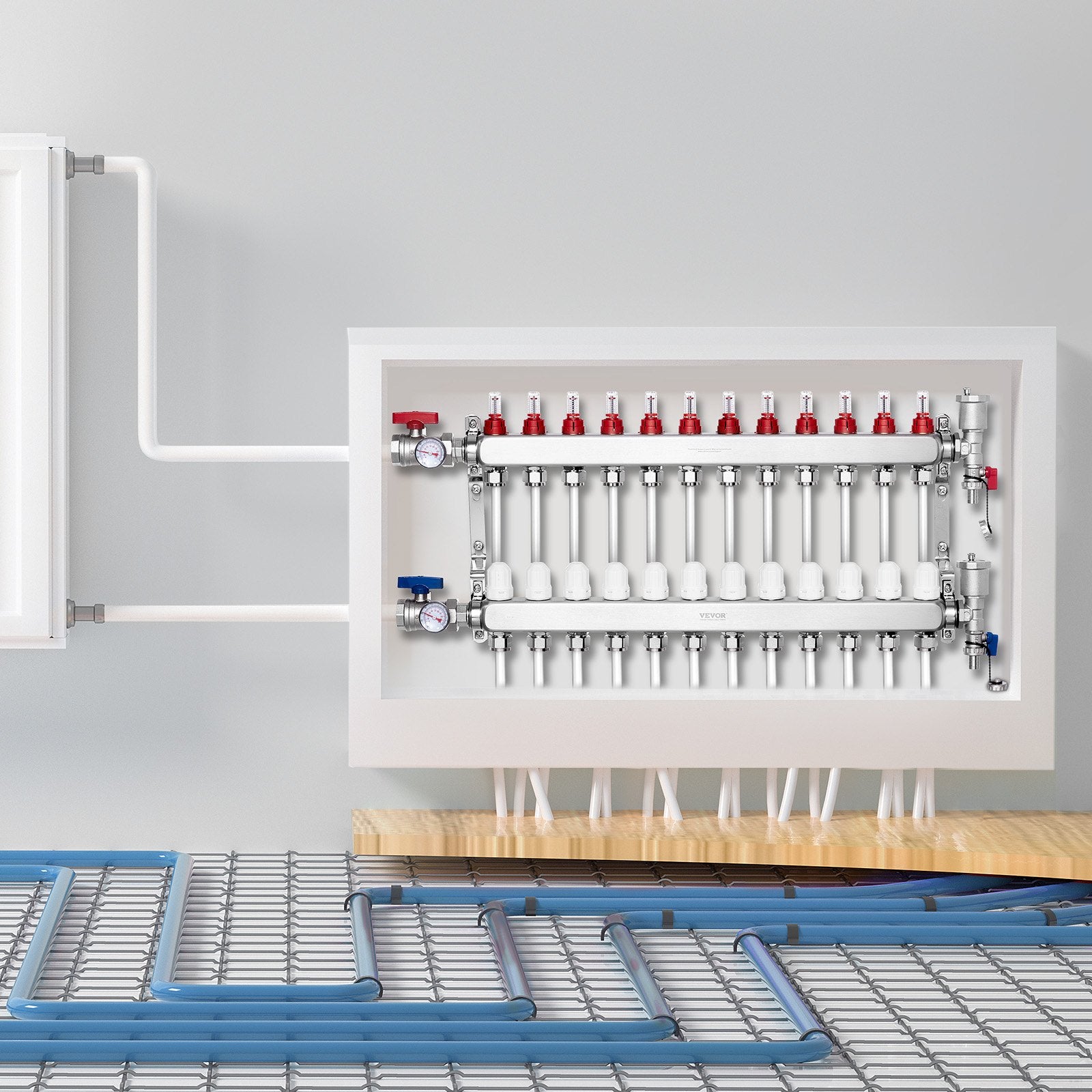 12-Branch Radiant Heat Manifold, 1/2" PEX Tubing Manifold, Stainless Steel PEX Manifold for Hydronic Radiant Floor Heating, Radiant Heat PEX Manifold Kit with 1/2" Adapters Included