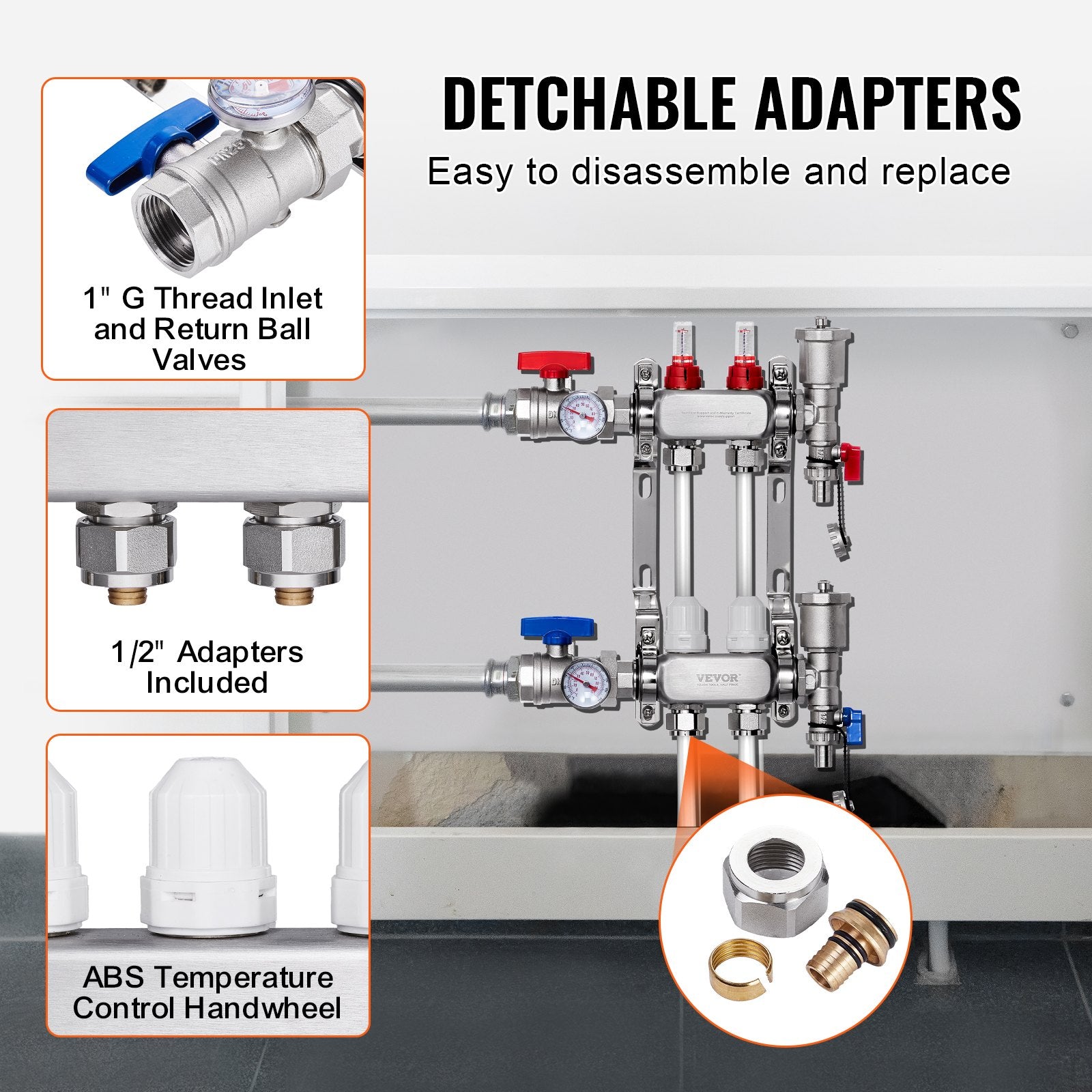 Automotive Repair & Speciality Tools: VEVOR 2-Branch Radiant Heat Manifold, 1/2" PEX Tubing Manifold, Stainless Steel PEX Manifold for Hydronic Radiant Floor Heating, Radiant Heat PEX Manifold Kit with 1/2" Adapters Included