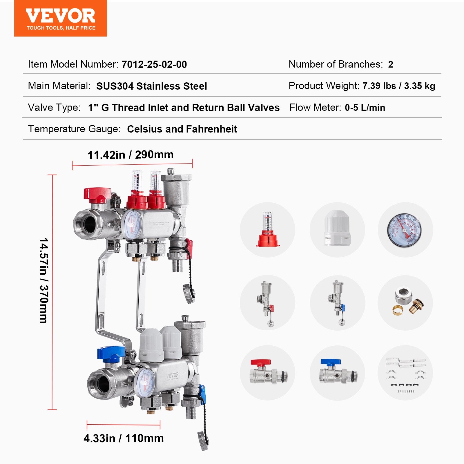 Automotive Repair & Speciality Tools: VEVOR 2-Branch Radiant Heat Manifold, 1/2" PEX Tubing Manifold, Stainless Steel PEX Manifold for Hydronic Radiant Floor Heating, Radiant Heat PEX Manifold Kit with 1/2" Adapters Included