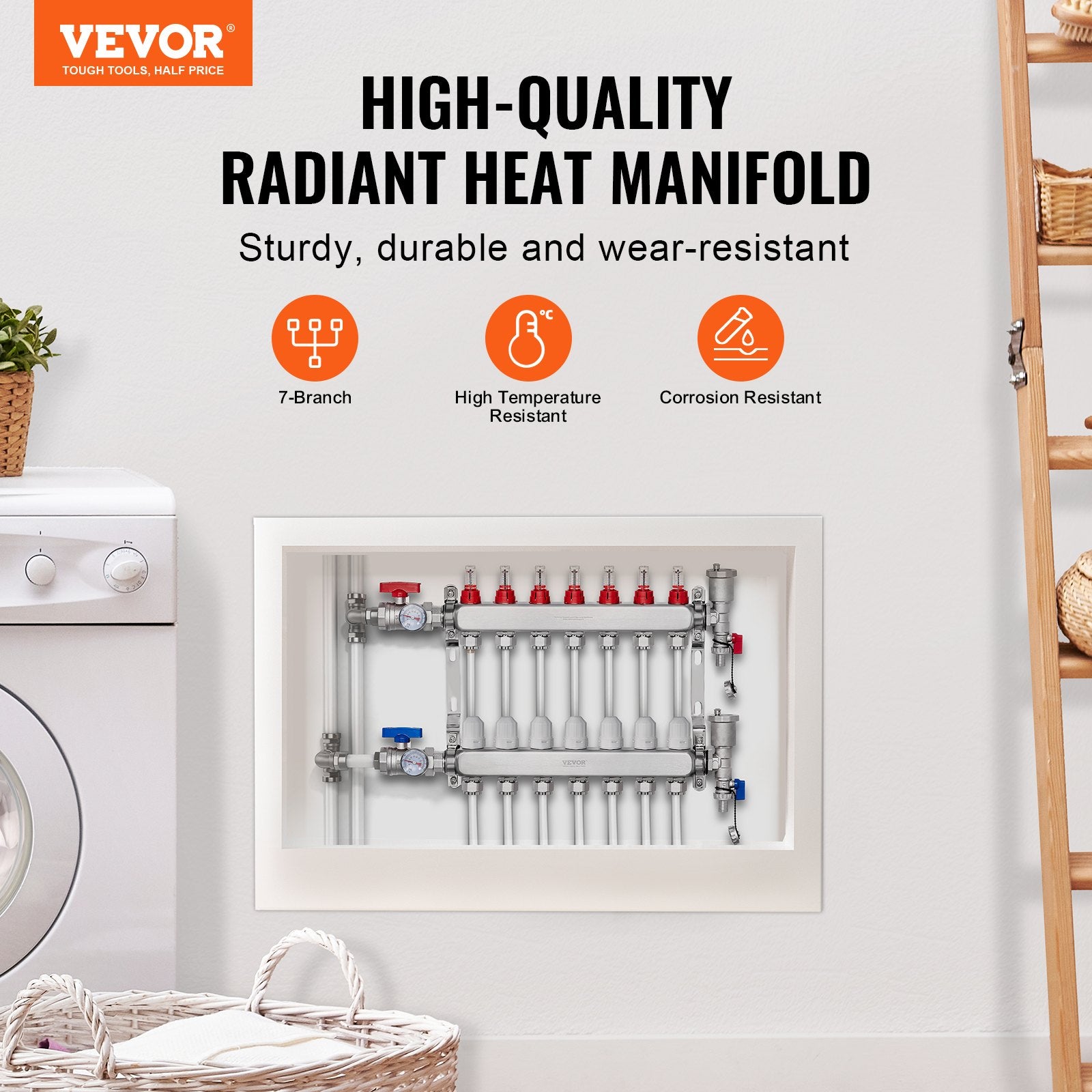 Automotive Repair & Speciality Tools: VEVOR 7-Branch Radiant Heat Manifold, 1/2" PEX Tubing Manifold, Stainless Steel PEX Manifold for Hydronic Radiant Floor Heating, Radiant Heat PEX Manifold Kit with 1/2" Adapters Included