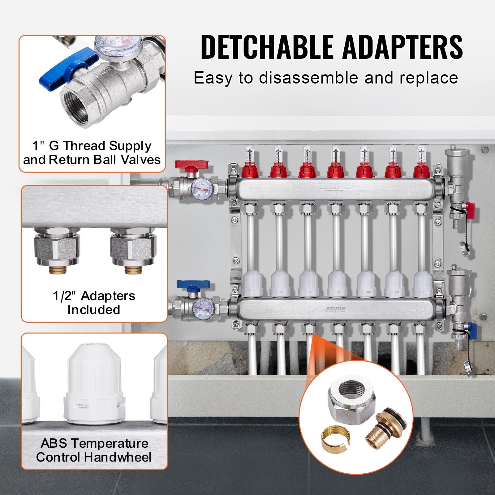 Automotive Repair & Speciality Tools: VEVOR 7-Branch Radiant Heat Manifold, 1/2" PEX Tubing Manifold, Stainless Steel PEX Manifold for Hydronic Radiant Floor Heating, Radiant Heat PEX Manifold Kit with 1/2" Adapters Included