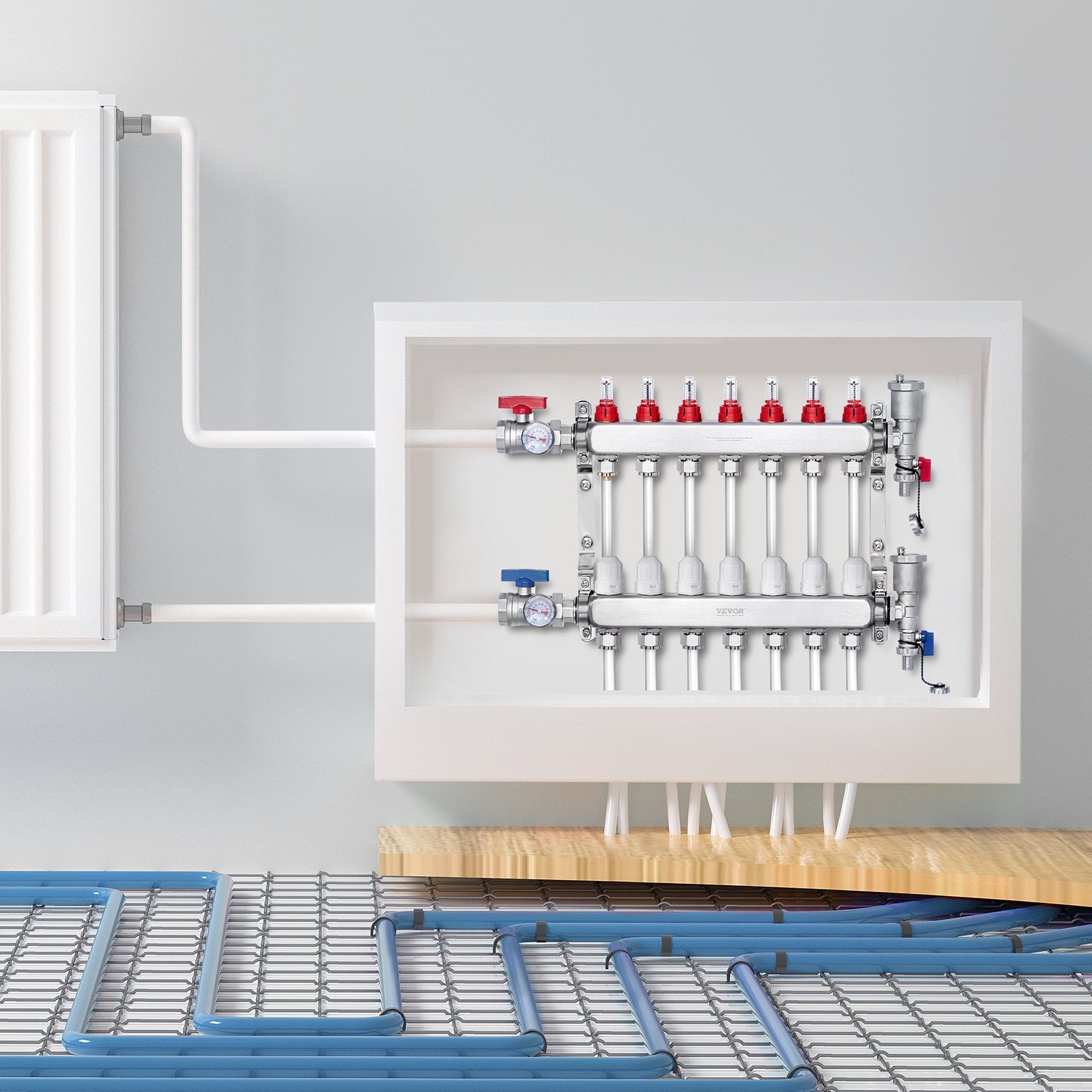 Automotive Repair & Speciality Tools: VEVOR 7-Branch Radiant Heat Manifold, 1/2" PEX Tubing Manifold, Stainless Steel PEX Manifold for Hydronic Radiant Floor Heating, Radiant Heat PEX Manifold Kit with 1/2" Adapters Included