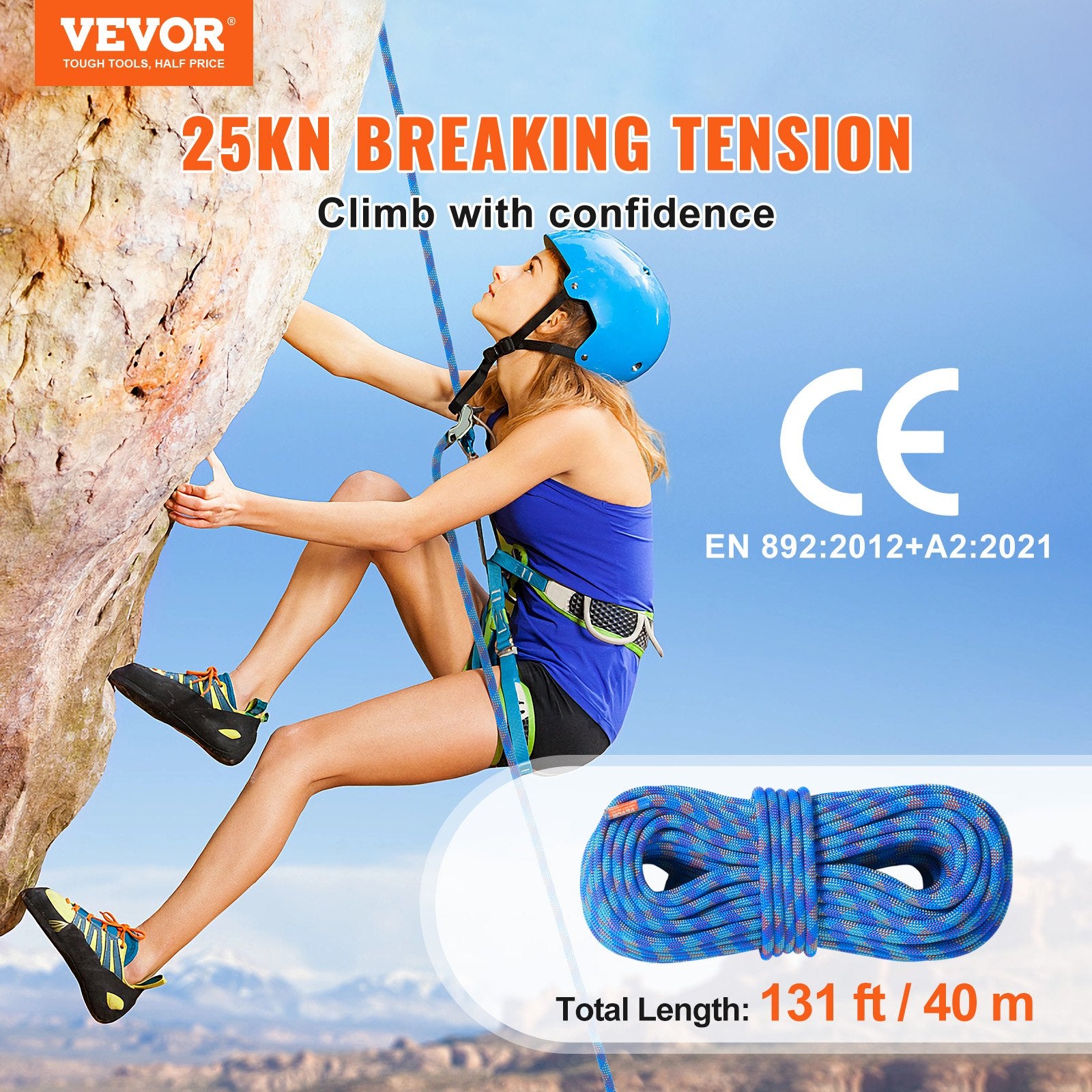 10.2mm Dynamic Climbing Rope, 40M(131ft) Outdoor Rock Climbing Rope 25KN Breaking Tension, Stretchable Fiber Rope with Steel Snap Hooks for Escape, Rappelling, Fire Rescue, Blue
