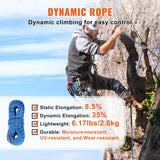 Projectors: VEVOR 10.2mm Dynamic Climbing Rope, 40M(131ft) Outdoor Rock Climbing Rope 25KN Breaking Tension, Stretchable Fiber Rope with Steel Snap Hooks for Escape, Rappelling, Fire Rescue, Blue