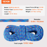 Projectors: VEVOR 10.2mm Dynamic Climbing Rope, 40M(131ft) Outdoor Rock Climbing Rope 25KN Breaking Tension, Stretchable Fiber Rope with Steel Snap Hooks for Escape, Rappelling, Fire Rescue, Blue