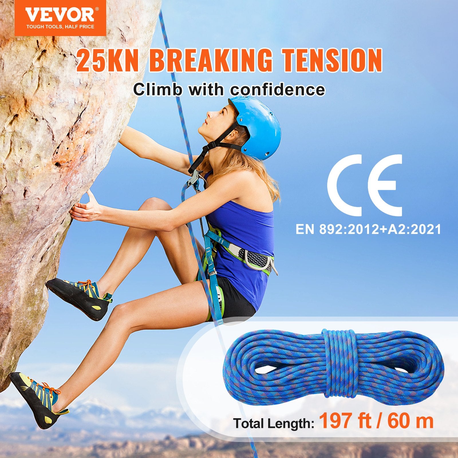 10.2mm Dynamic Climbing Rope, 60M(197ft) Outdoor Rock Climbing Rope 25KN Breaking Tension, Stretchable Fiber Rope with Steel Snap Hooks for Escape, Rappelling, Fire Rescue, Blue