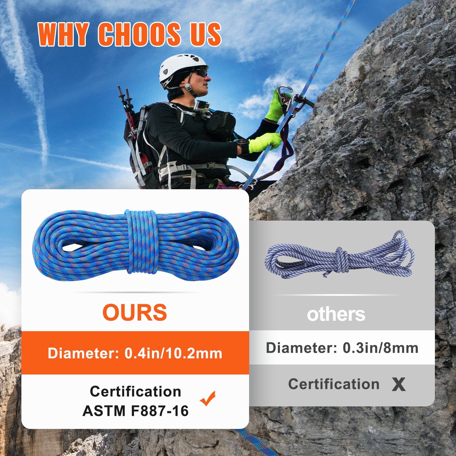 10.2mm Dynamic Climbing Rope, 60M(197ft) Outdoor Rock Climbing Rope 25KN Breaking Tension, Stretchable Fiber Rope with Steel Snap Hooks for Escape, Rappelling, Fire Rescue, Blue