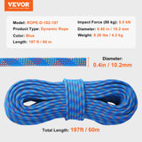 Projectors: VEVOR 10.2mm Dynamic Climbing Rope, 60M(197ft) Outdoor Rock Climbing Rope 25KN Breaking Tension, Stretchable Fiber Rope with Steel Snap Hooks for Escape, Rappelling, Fire Rescue, Blue