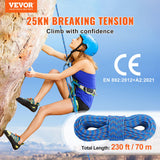 Gym Equipment & Accessories: VEVOR 10.2mm Dynamic Climbing Rope, 70M(230ft) Outdoor Rock Climbing Rope 25KN Breaking Tension, Stretchable Fiber Rope with Steel Snap Hooks for Escape, Rappelling, Fire Rescue, Blue