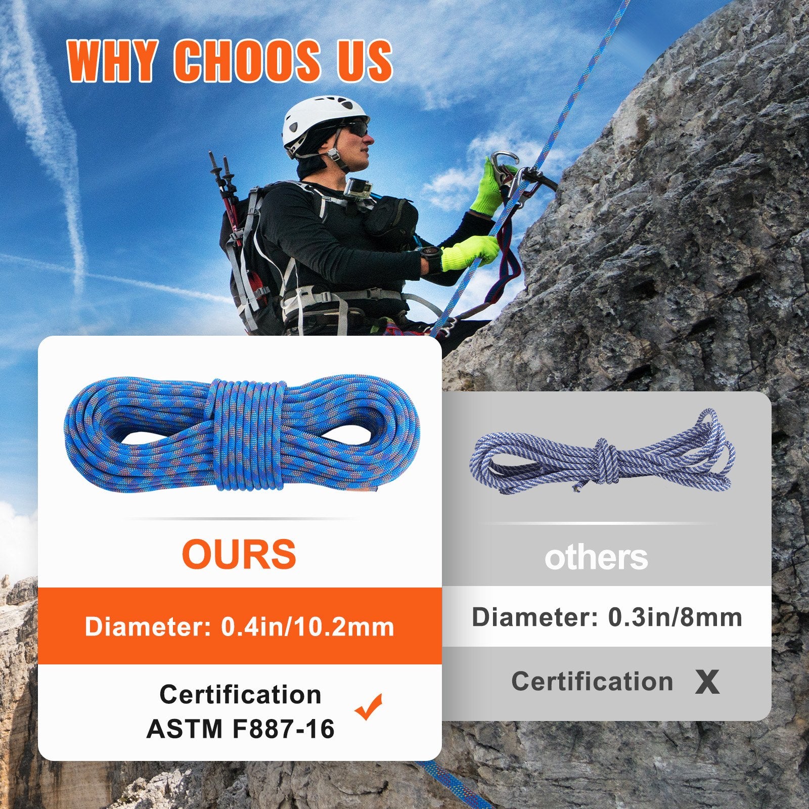 10.2mm Dynamic Climbing Rope, 70M(230ft) Outdoor Rock Climbing Rope 25KN Breaking Tension, Stretchable Fiber Rope with Steel Snap Hooks for Escape, Rappelling, Fire Rescue, Blue