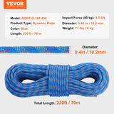 Gym Equipment & Accessories: VEVOR 10.2mm Dynamic Climbing Rope, 70M(230ft) Outdoor Rock Climbing Rope 25KN Breaking Tension, Stretchable Fiber Rope with Steel Snap Hooks for Escape, Rappelling, Fire Rescue, Blue