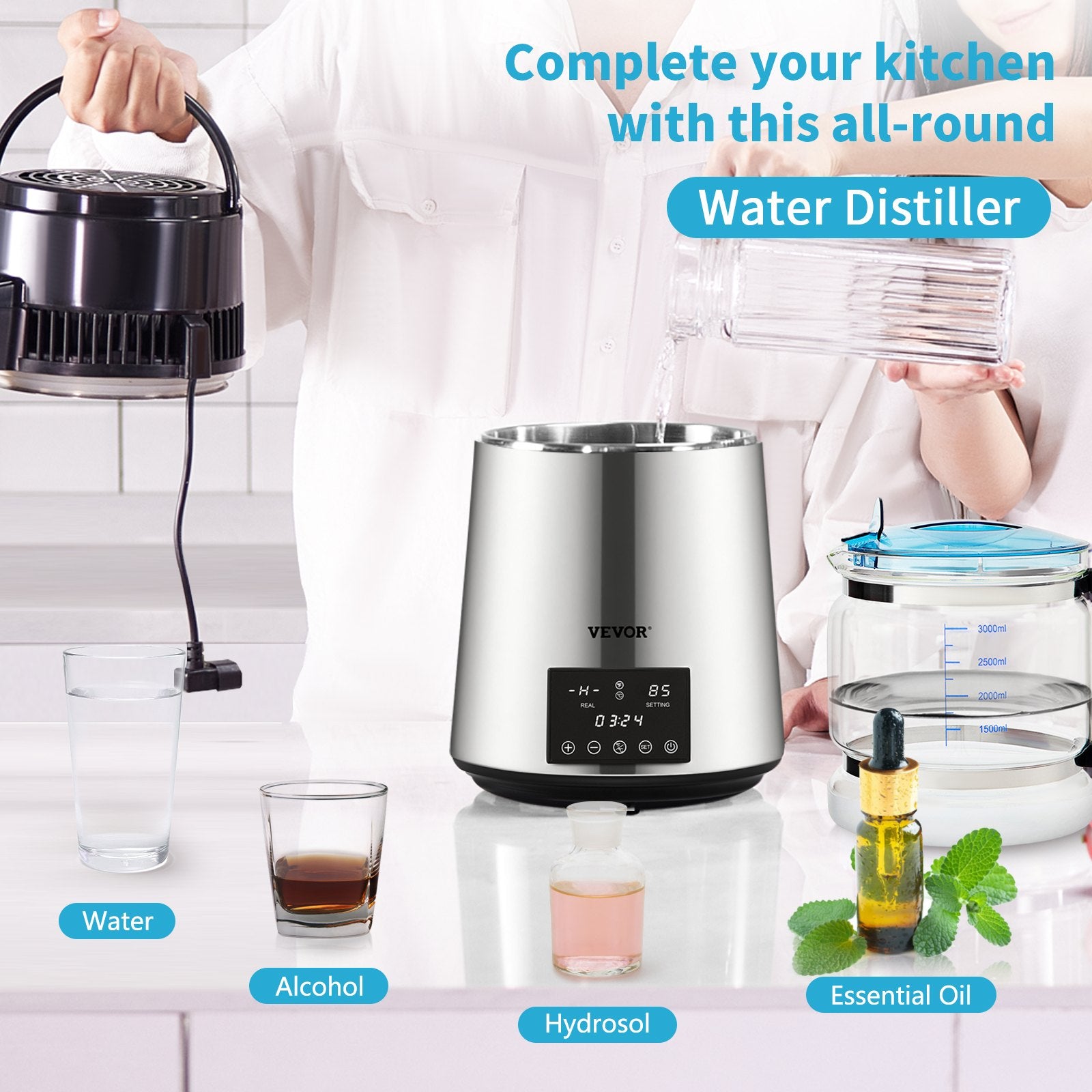Fountain & Ponds Accessories: VEVOR 4L Water Distiller Distilled Water Maker 1 L/H w/ Timing Dual-Temp Silver
