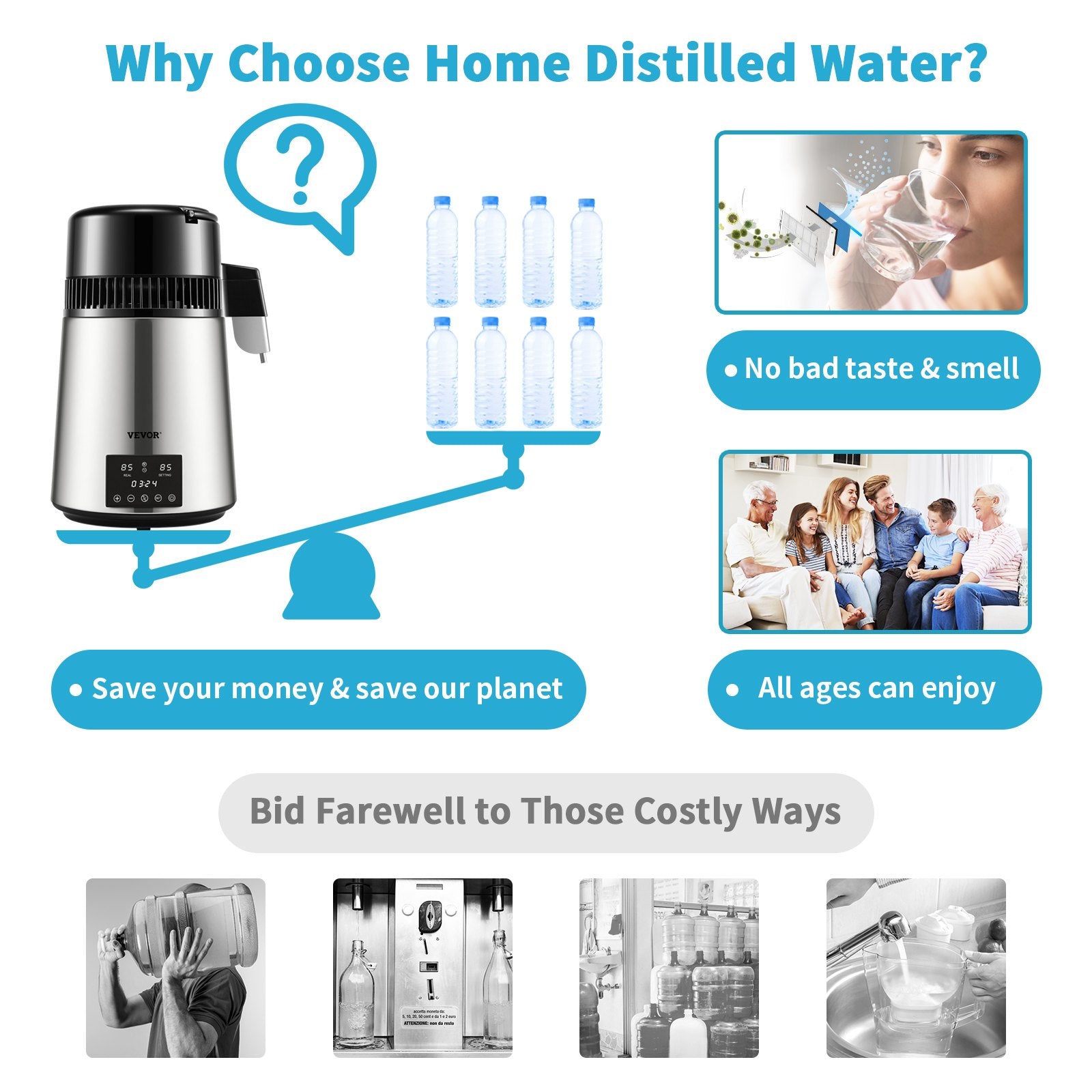 Fountain & Ponds Accessories: VEVOR 4L Water Distiller Distilled Water Maker 1 L/H w/ Timing Dual-Temp Silver