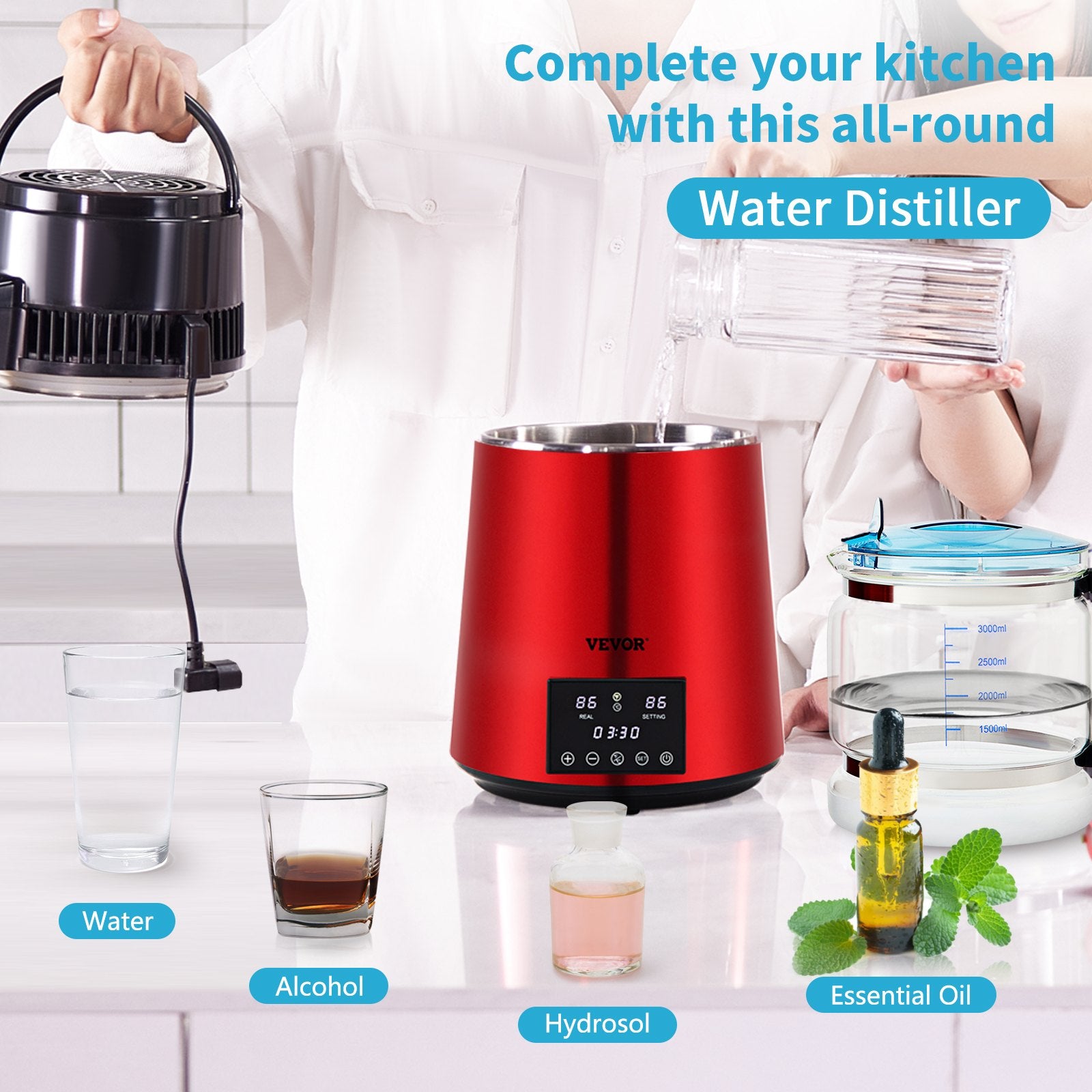 Fountain & Ponds Accessories: VEVOR 4L Water Distiller Distilled Water Maker 1 L/H w/ Timing Dual Temp Red