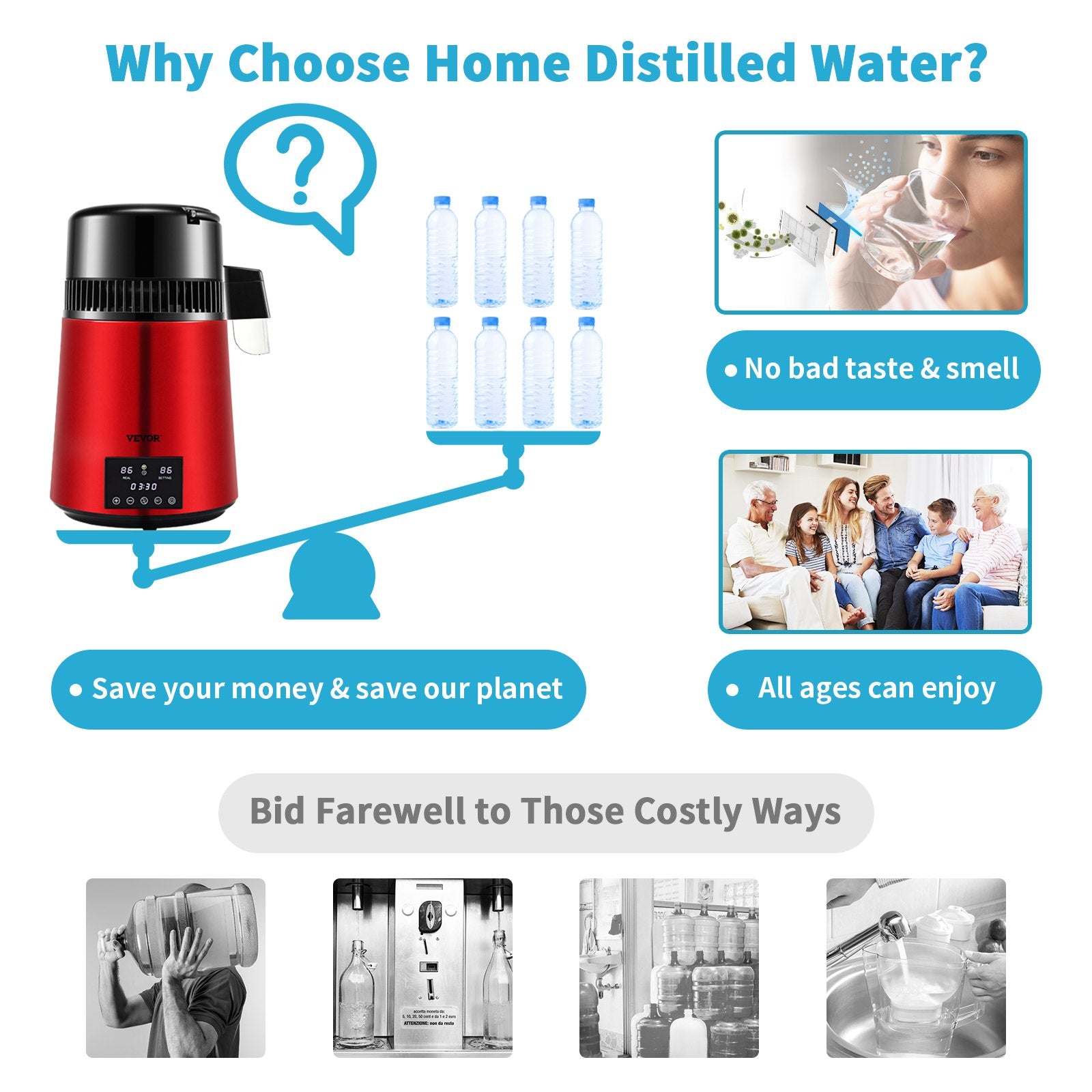 Fountain & Ponds Accessories: VEVOR 4L Water Distiller Distilled Water Maker 1 L/H w/ Timing Dual Temp Red