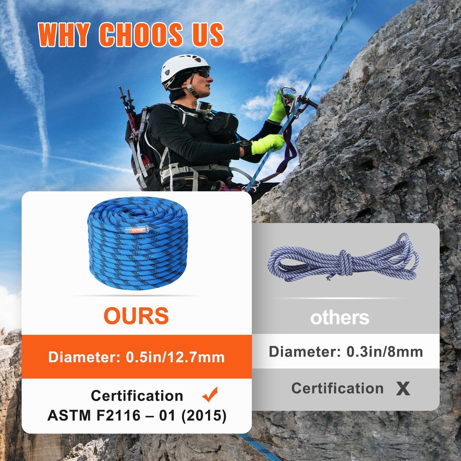 Outdoor Play Equipment: VEVOR 12.7mm Static Climbing Rope 38M(125ft) Outdoor Rock Climbing Rope Blue
