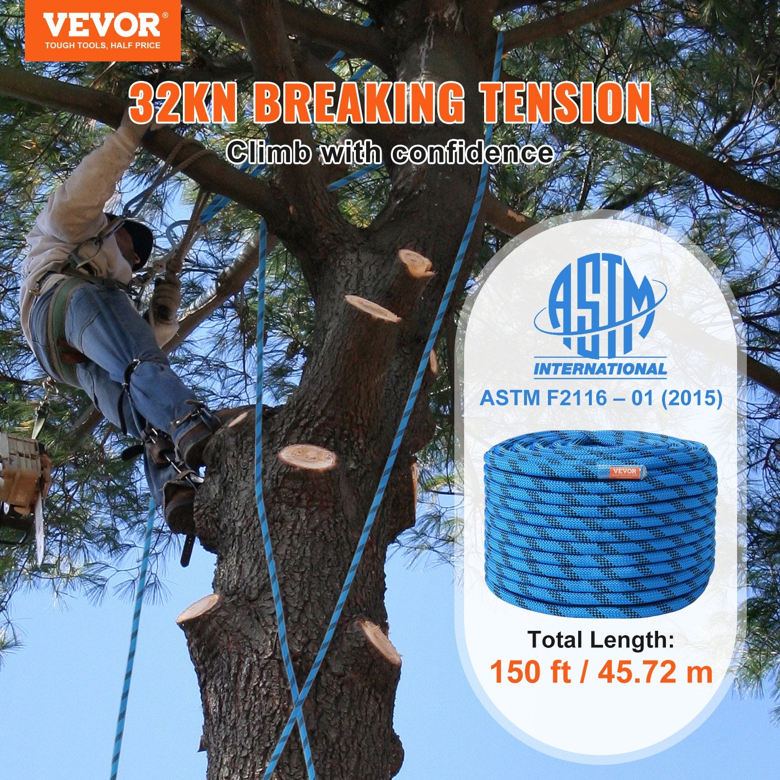 Gym Equipment & Accessories: VEVOR 12.7mm Static Climbing Rope, 45.7M(150ft) Outdoor Rock Climbing Rope 30KN Breaking Tension, Fiber Rope with Steel Snap Hooks for Escape, Rappelling, Fire Rescue, Blue