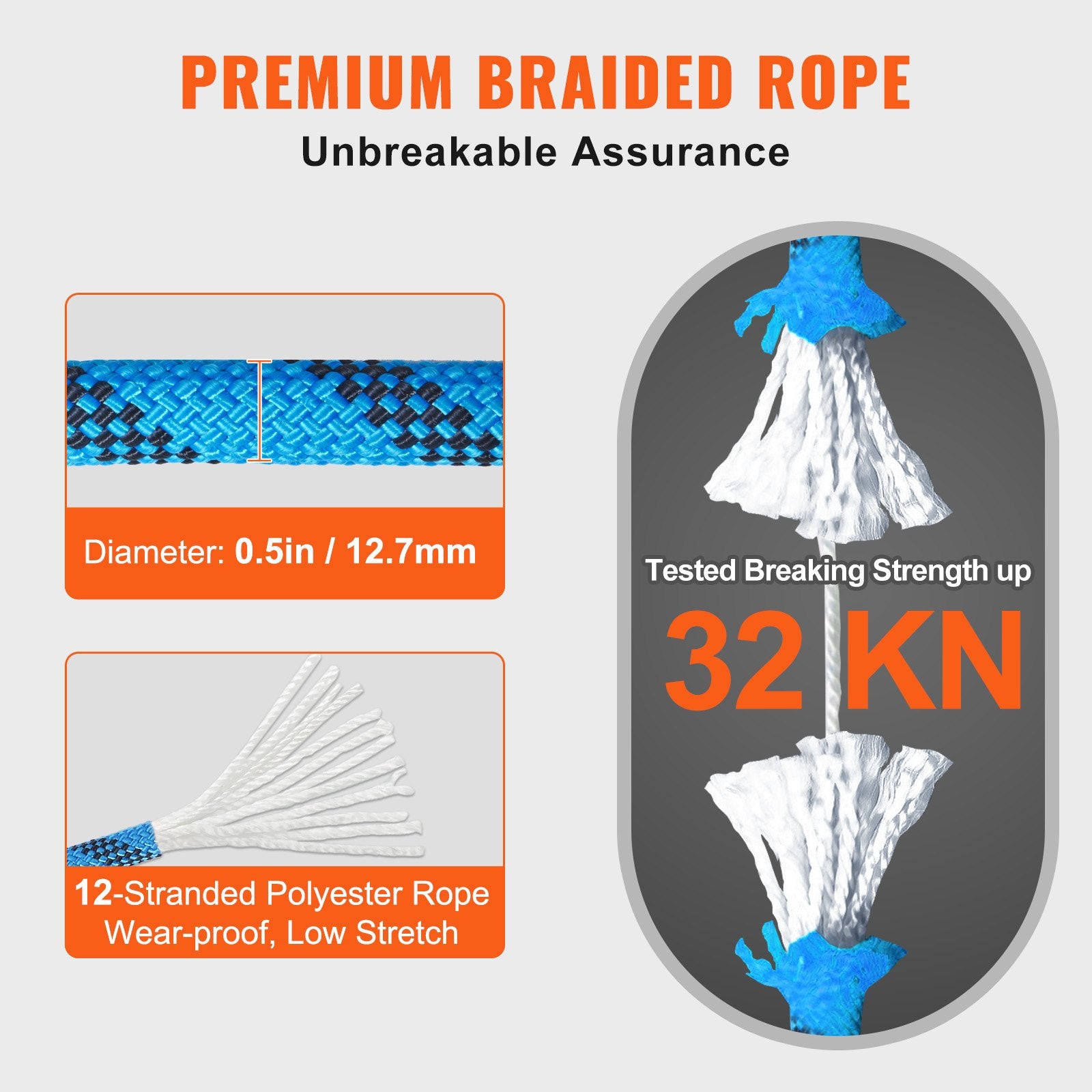 Gym Equipment & Accessories: VEVOR 12.7mm Static Climbing Rope, 45.7M(150ft) Outdoor Rock Climbing Rope 30KN Breaking Tension, Fiber Rope with Steel Snap Hooks for Escape, Rappelling, Fire Rescue, Blue