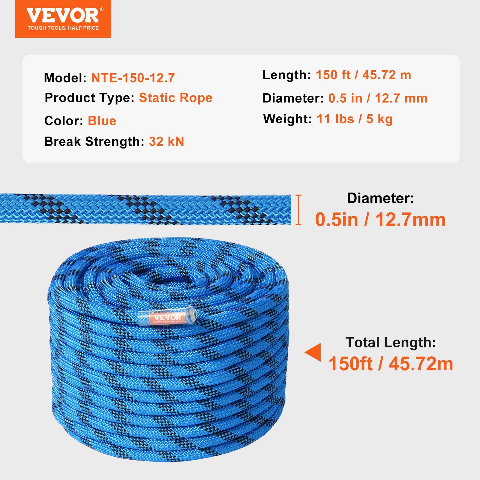 Gym Equipment & Accessories: VEVOR 12.7mm Static Climbing Rope, 45.7M(150ft) Outdoor Rock Climbing Rope 30KN Breaking Tension, Fiber Rope with Steel Snap Hooks for Escape, Rappelling, Fire Rescue, Blue